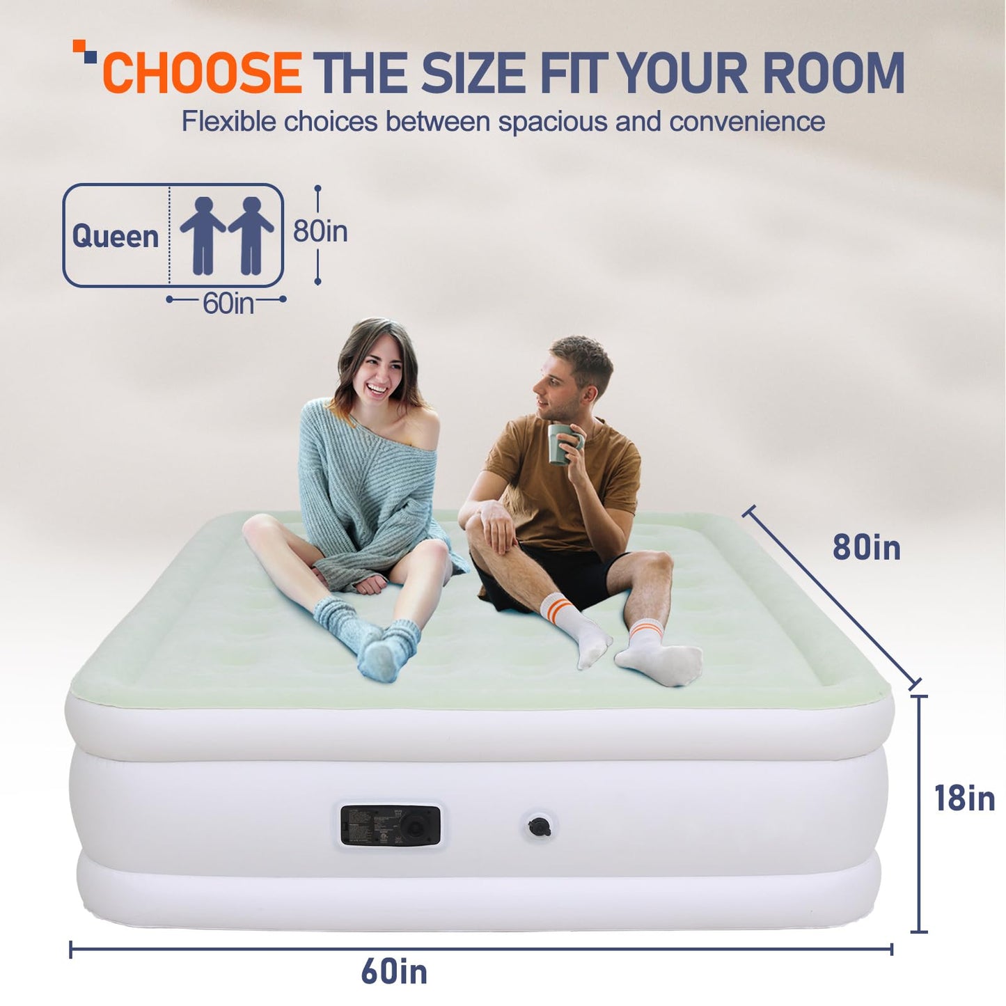 Outraveler Queen Size Air Mattress with Built in Pump, Inflatable Bed Blow Up Mattress 18in, Green White