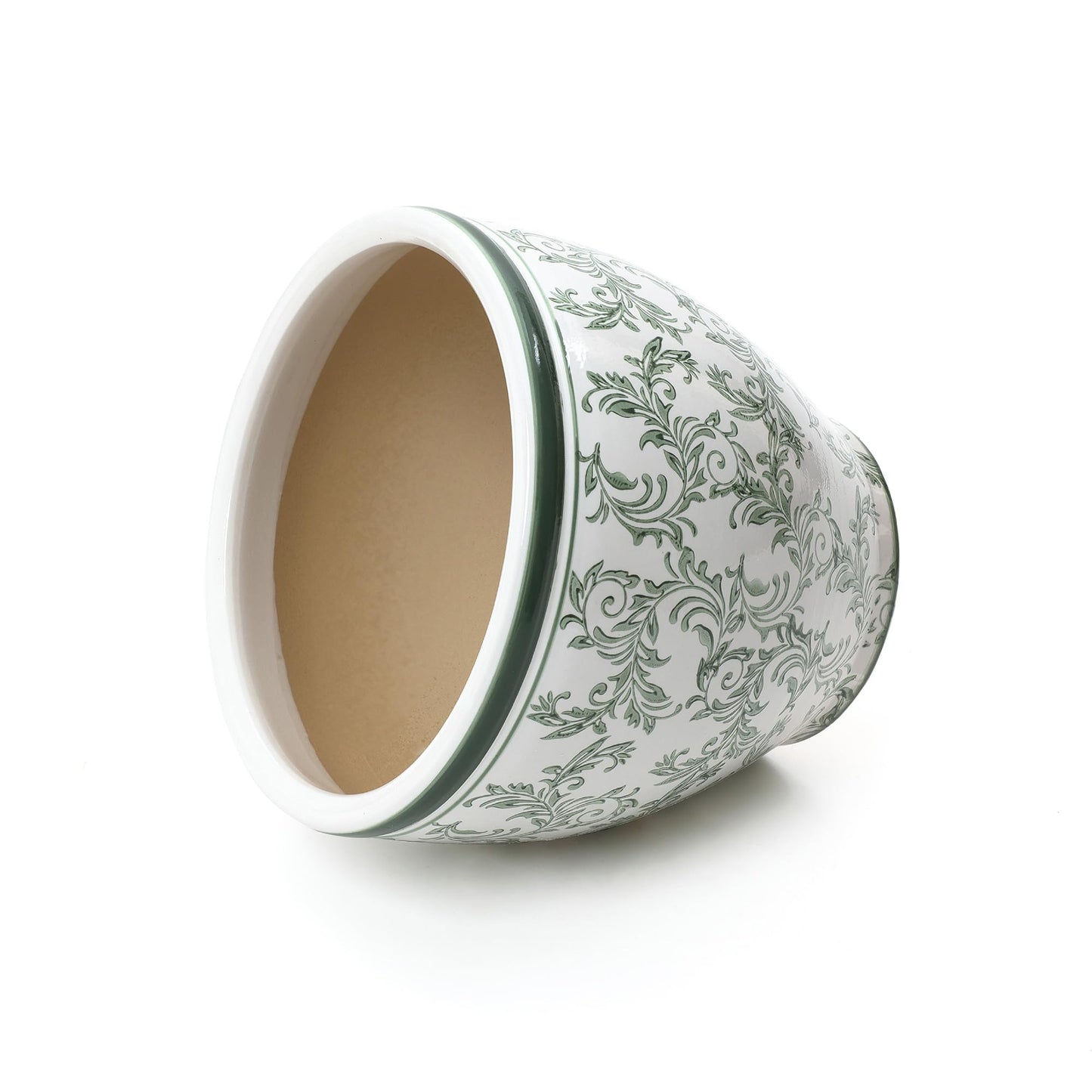 LuxenHome 11.4" Dia Round Ceramic Plant Pots with Floral Pattern, Green and White Large planters for Indoor Outdoor Plants with Drainage Hole, Decorative Flower Pot for Home Garden Patio