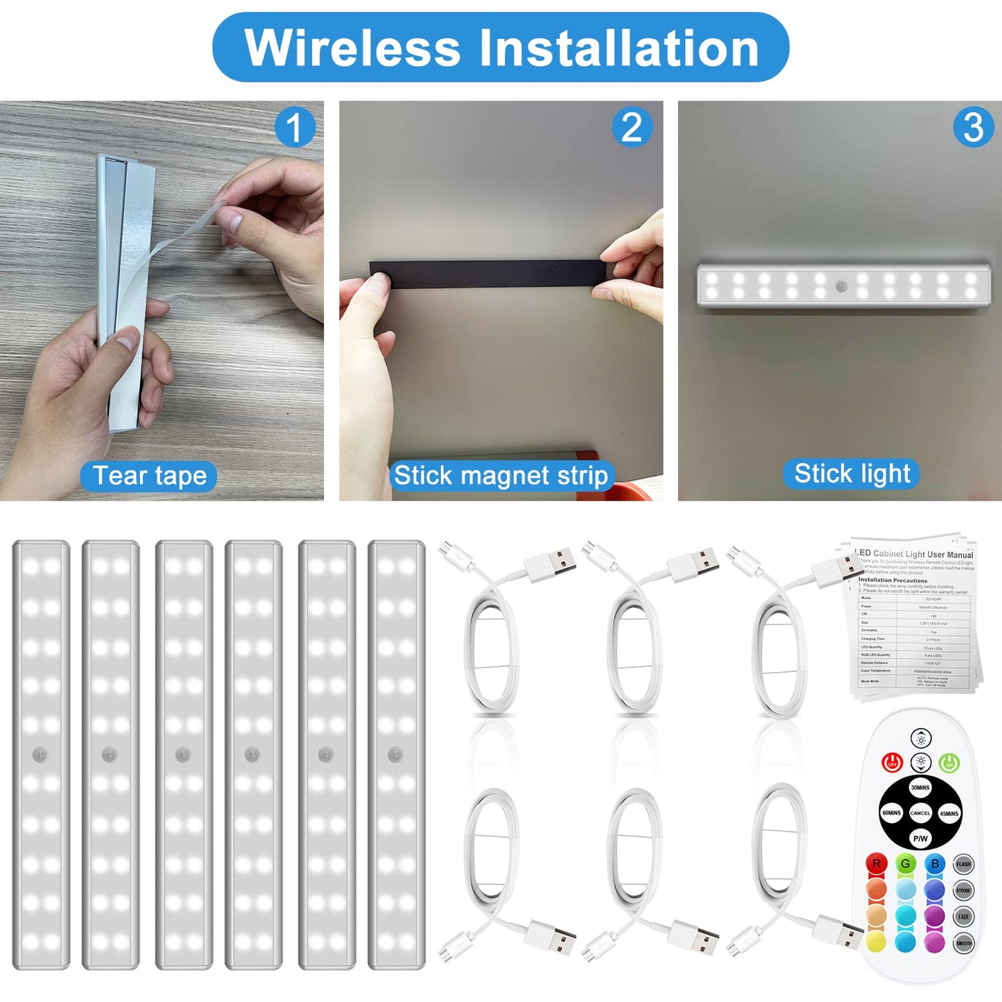 Under Cabinet Lighting Wireless with Remote, 48 LED Rechargeable Under Cabinet Lights, Kitchen Counter Lights Dimmable LED Closet Light RGB Bar for Shelf, Car, Hallway, 15 Color Changing, 6 Pack