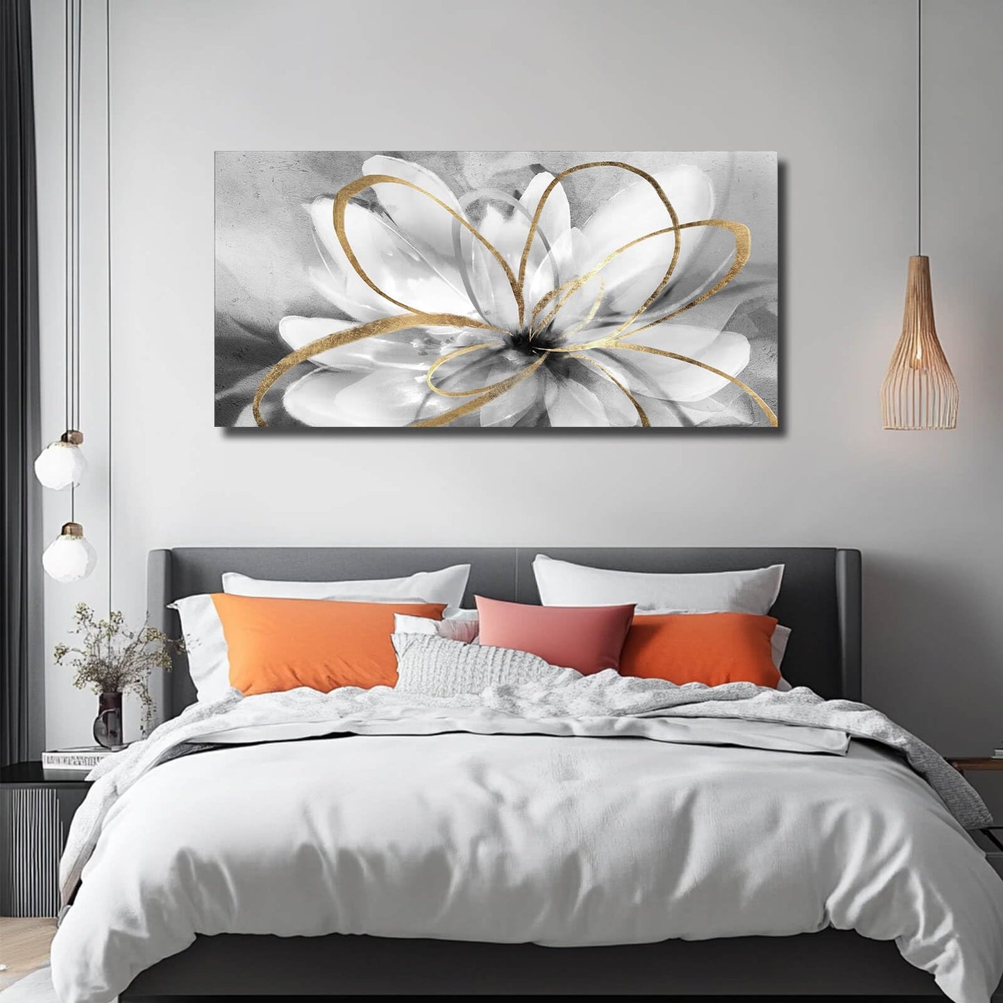 SOUGUAN Black and Grey Wall Decor Flower Art Work 20x40 Inch Line Paintings for Living Room Bedroom Office Wall Decorations