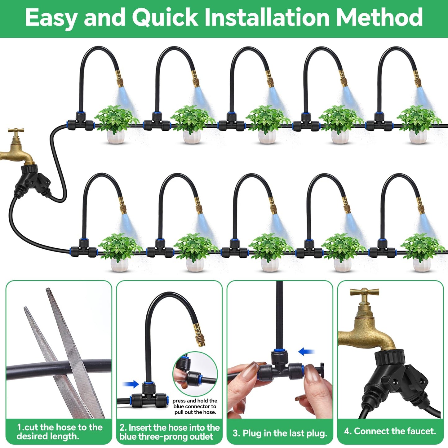 120Ft 1/4" Drip Irrigation System for Garden – 23 Adjustable Copper Nozzles, Automatic Atomizing Sprinkler System for Outdoor Plants Raised Bed, Yard, Potted Plants & Lawn