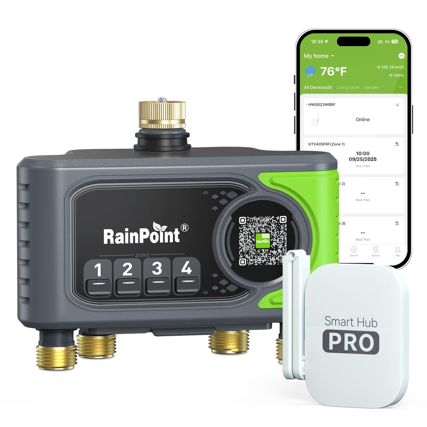 RAINPOINT WiFi Sprinkler Timer 4 Zone, Outdoor Smart Water Timer for Garden Hose with Brass Inlet&Outlet, Custom Programs via APP/Voice Control for Automatic Watering System