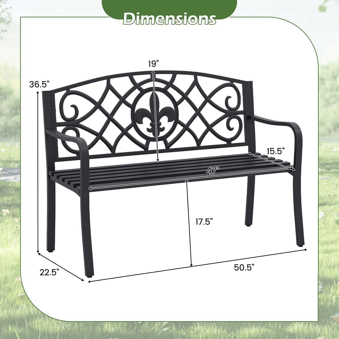 Giantex 50.5” Outdoor Bench with Metal Frame, Floral Design Cast Iron Backrest, Slatted Seat, Adjustable Foot Pads, Load 660Lbs, Garden Bench for Outside Patio Backyard Porch Park, Black