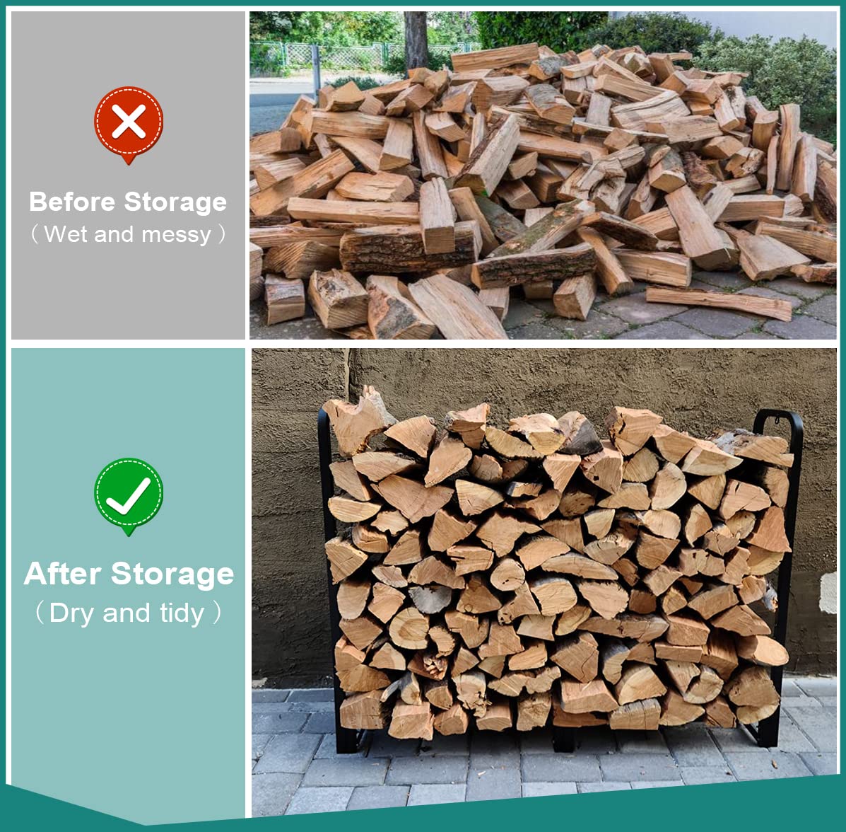 Fandature 4Ft Firewood Rack Adjustable Fireplace Wood Holder for Outdoor Indoor Storage Log - Heavy Duty Fire Log Lumber Stand Stacker, Black