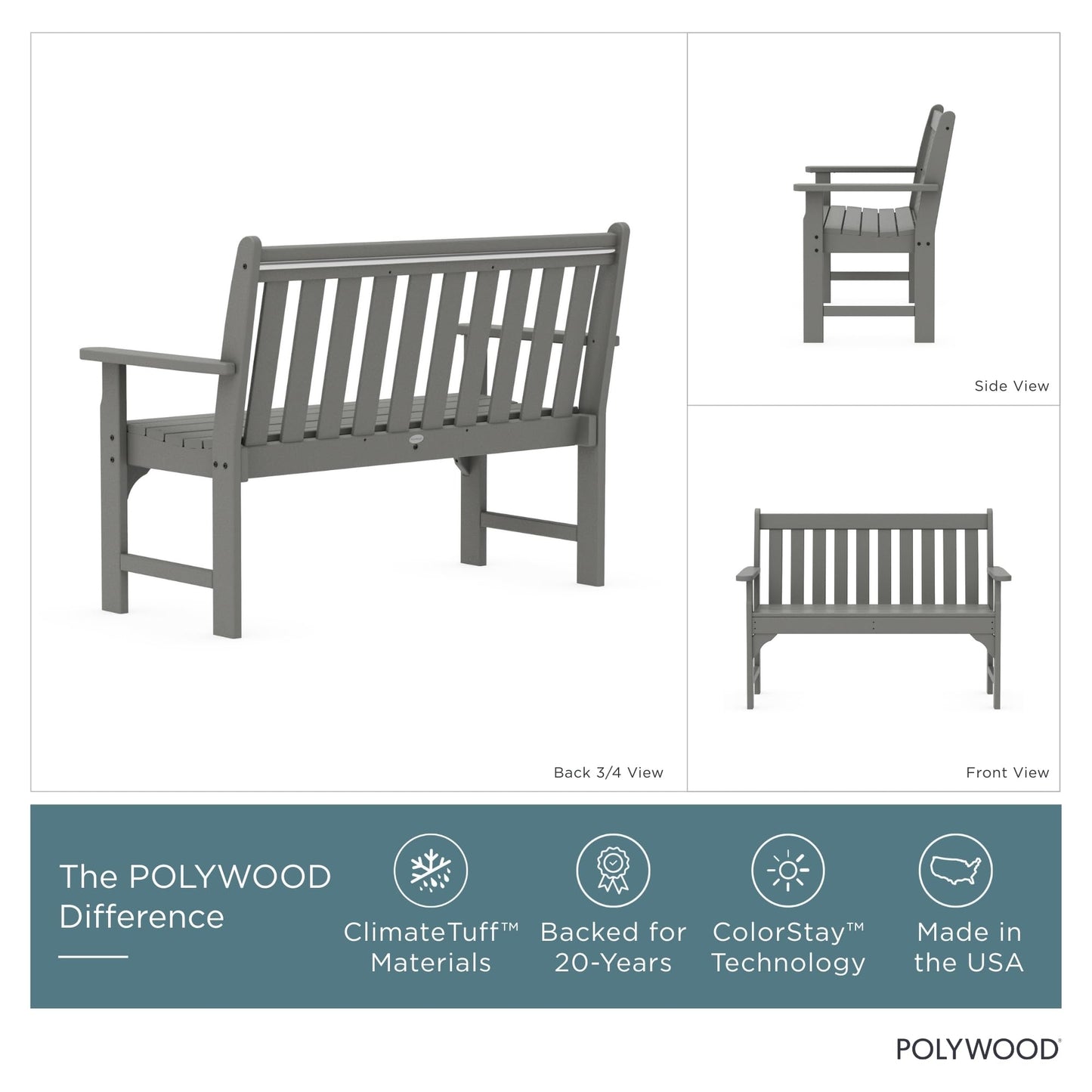 POLYWOOD GNB48GY Vineyard 48" Bench, Slate Grey
