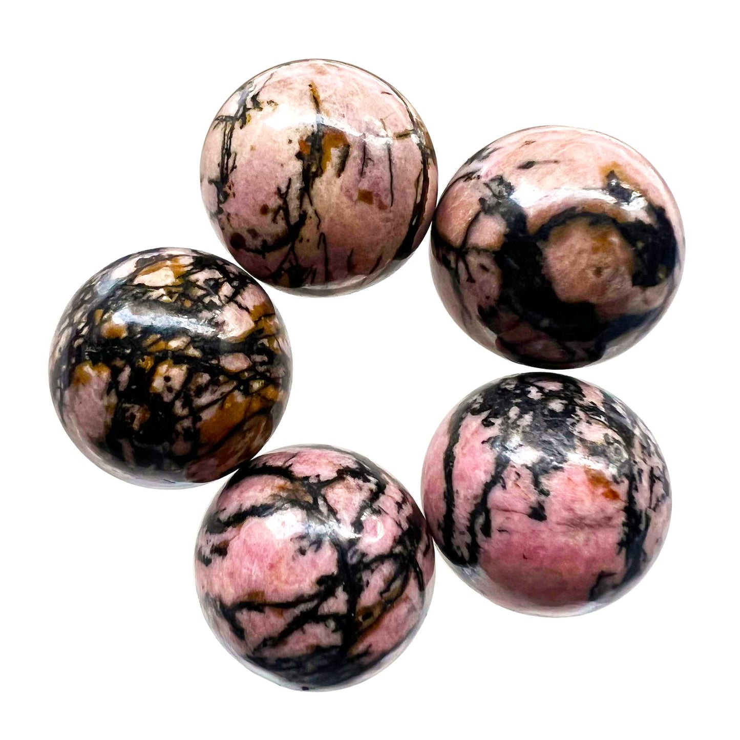 Fekuar 5 Pcs Rhodonite Crystal Sphere Ball Set, Polished Healing Energy Mineral Gemstone Balls for Reiki Chakra Decoration Fengshui 20mm