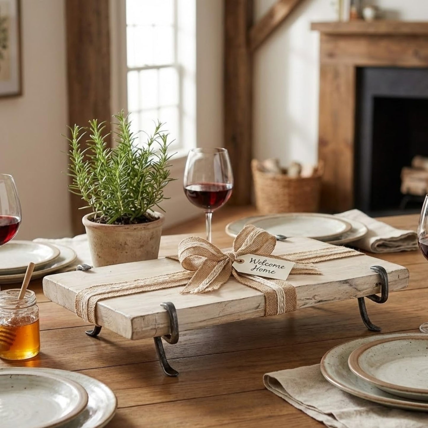 Petrified Wood Serving Board, Rustic Handcrafted Natural with Industrial Forged Metal Legs | Live Edge Charcuterie Platter | Kitchen Dining Table Organizer & Centerpiece Display Tray | 15.7"x9.8"x3.9"