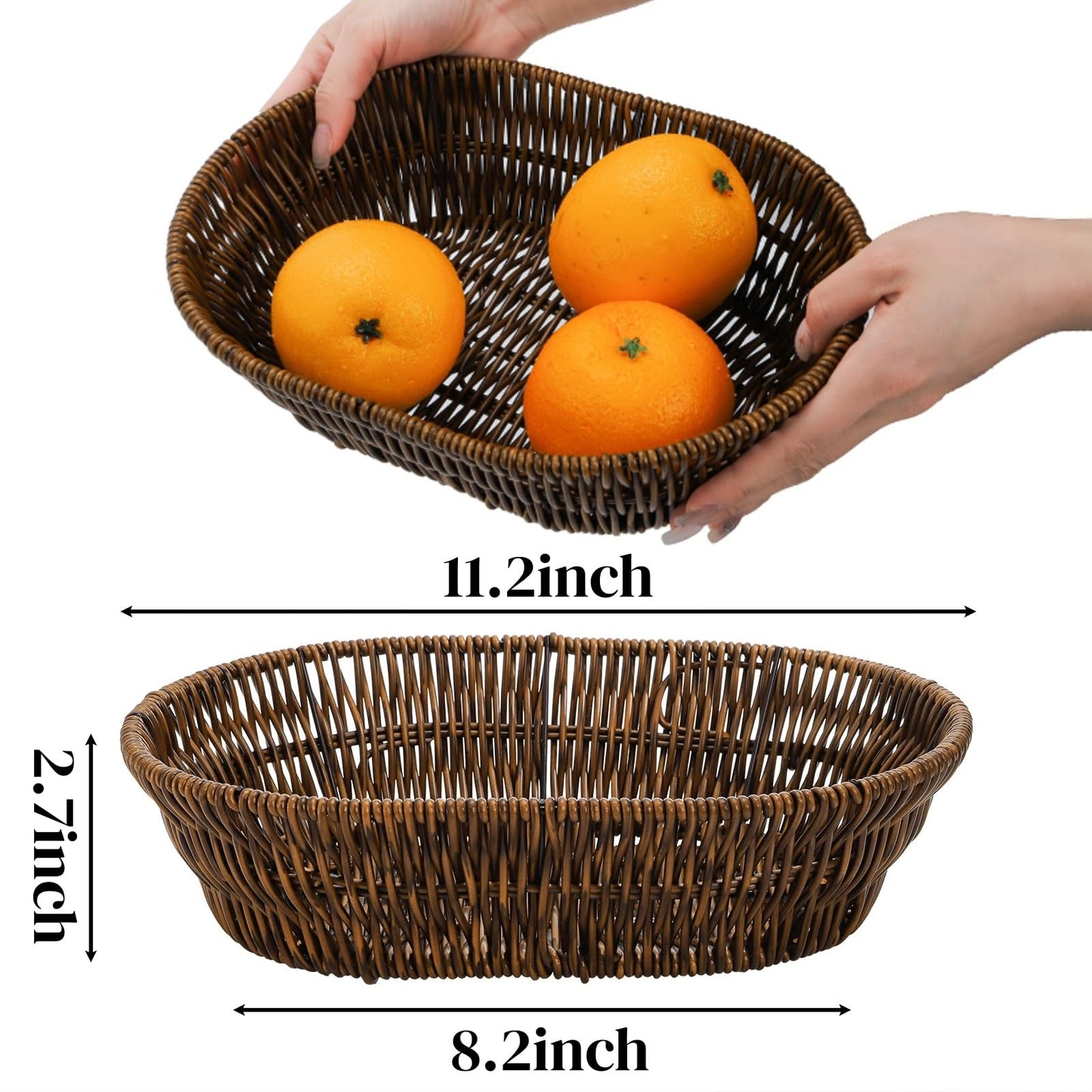 ZAVOOS 3 Pack Wicker Bread Basket, 11 Inch Woven Oval Food Baskets for Serving, Tabletop Stackable Pantry Organizer Bin for Home Kitchen, Restaurant, Bakery, Fruit Vegetable Storage, Brown