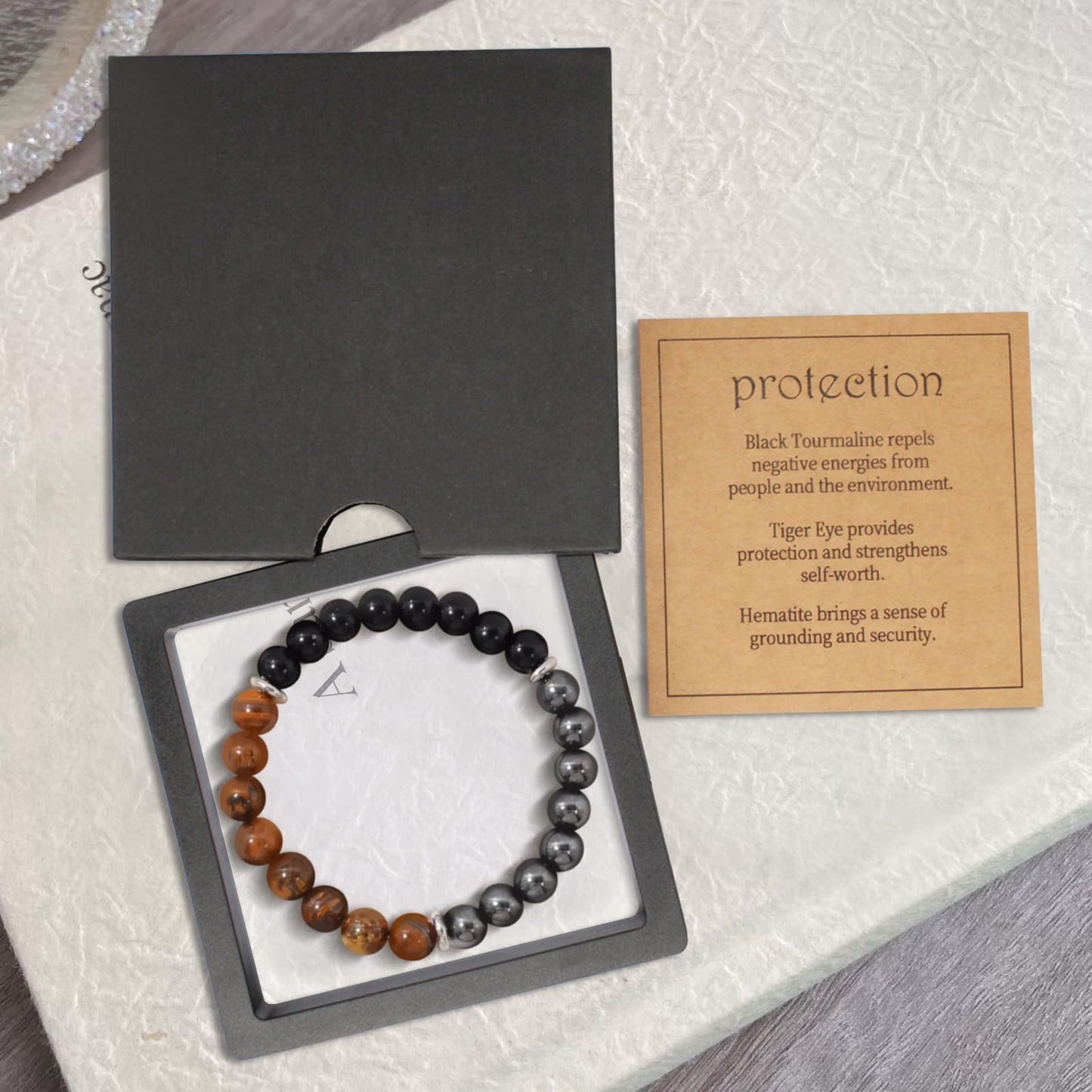VECO-T Energy Mens Beaded Bracelets,Triple Protection Bracelet for Men,Made of Three Kinds of 8mm Beads (Black Obsidian Hematite Tiger Eye Beaded), Personalized Gifts for Men