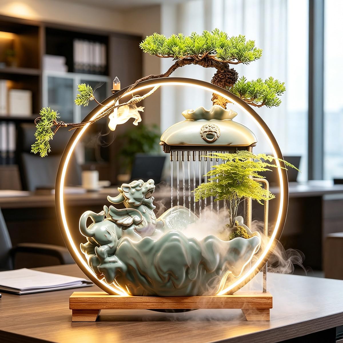 TXYXT Waterfall Fountain Indoor with Mist, Tabletop Water Fountain,Desk Chinese Ceramic Pixiu Statue with LED Light Ring and Backflow Incense Burner Holder