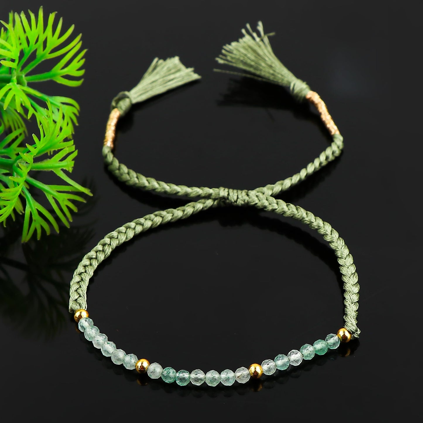 GEMSYMPHONY Green Strawberry Quartz Gemstone Beads Braided Bracelet – 3.5mm Natural Stone Beads, Handmade Adjustable Braided Rope Bracelet, Healing Crystal Jewelry for Men & Women, Unisex Boho Gift