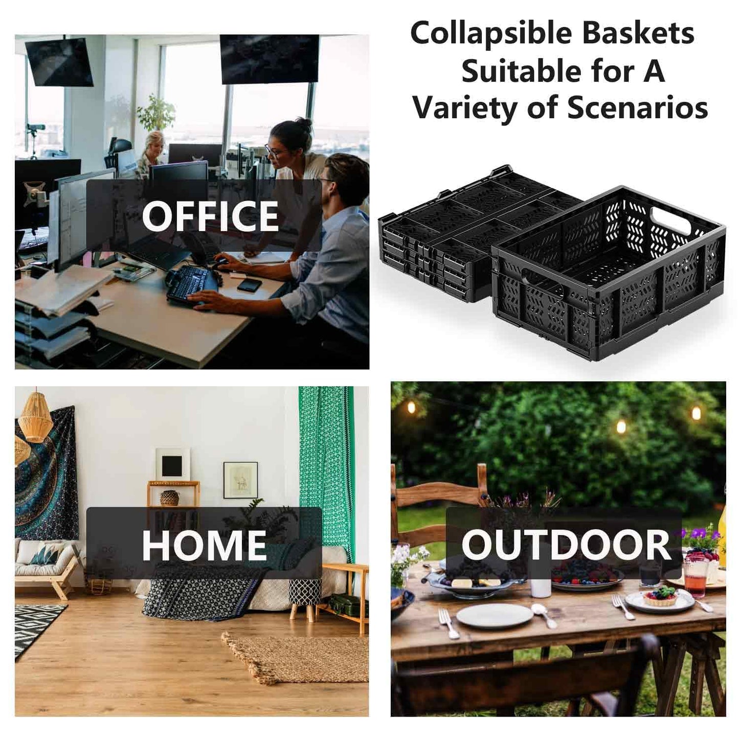 KINGSUSLAY 4-Pack Plastic Storage Crates,20L Foldable Baskets,Collapsible Crates, Storage Baskets and Bins for Toys, Home Storage, Office Products, Christmas Gifts, Easter Eggs (Black)