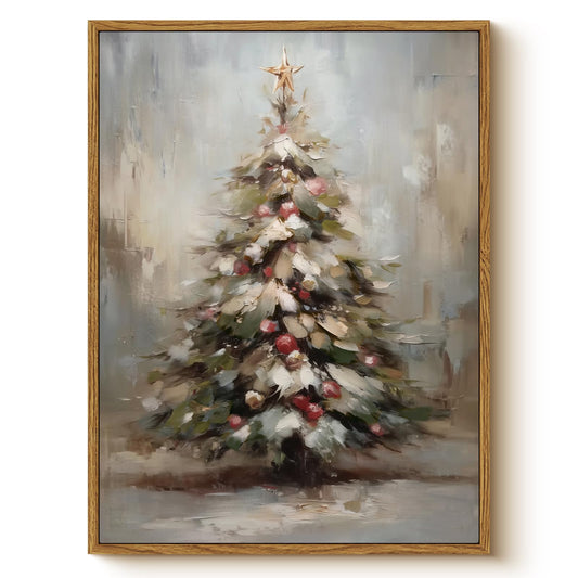 Vintage Snowy Christmas Tree with Ornaments Wall Art, 12x16 Inch Festive Winter Framed Canvas Painting Print, Seasonal Holiday Gift Living Room Bedroom Entryway Office Family Decor
