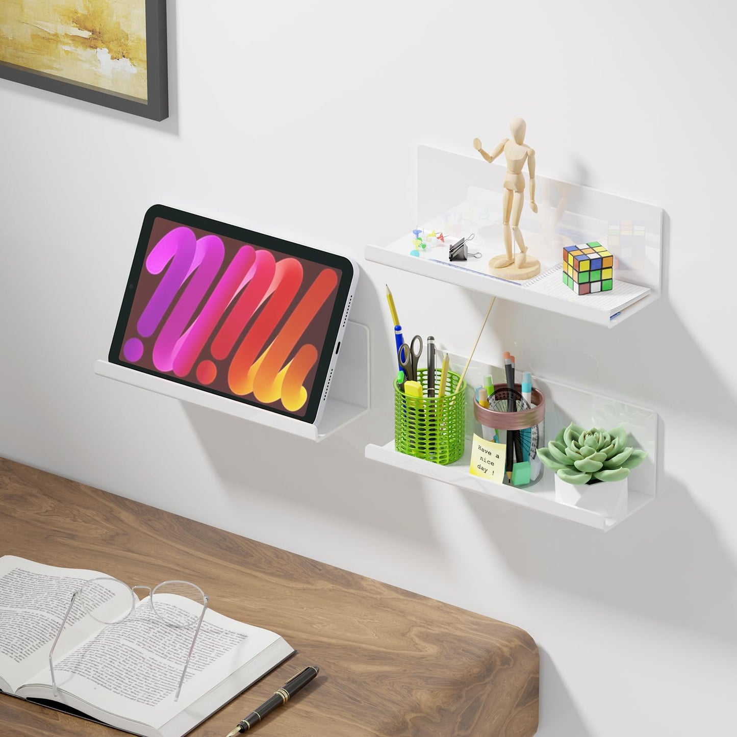 PAVSTINE Acrylic Wall Floating Shelves Set of 2, Wall Shelves White 12 Inch Adhesive Wall Organizer Adhesive Shelf for Bathroom, Kitchen, Bedroom, Office, Gaming Room, No Damage, No Drill