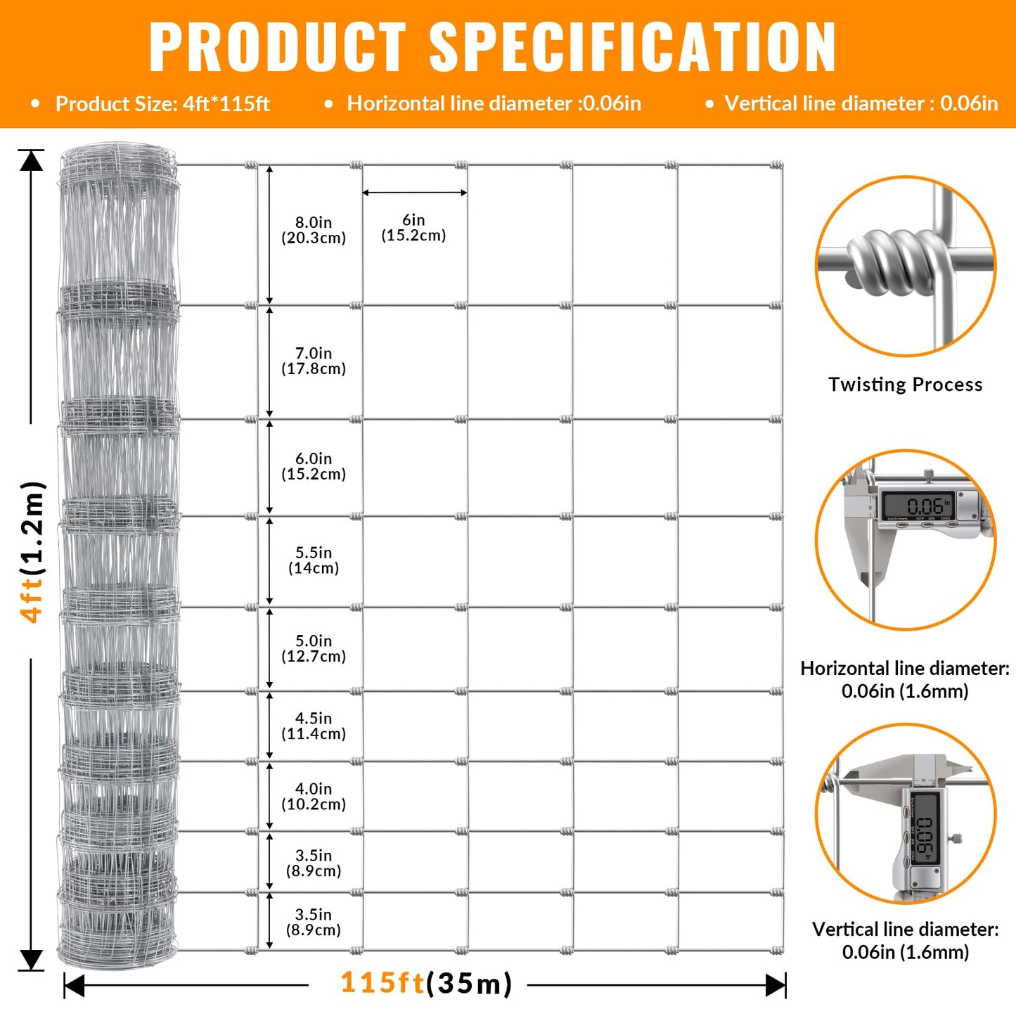 Cattle Farm Fence 4ft x 115ft Heavy Zinc Coating Galvanized Wire Fencing 16GA, for Goat Deer Yard Livestock Animals Protection