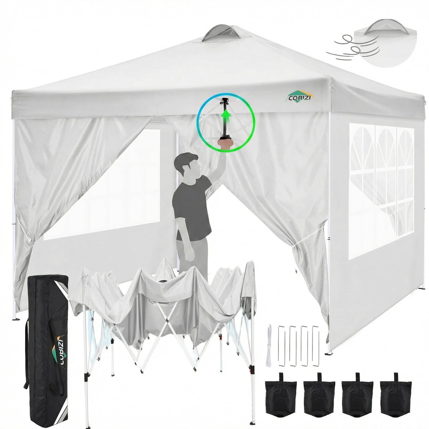 COBIZI 10x10 Pop Up Canopy Tent, One Push Outdoor Gazebo with 4 Removable Sidewalls & Air Vent, Waterproof Commercial Easy Up Adjustable Canopy with 4 Sandbags, 4 Stakes & 8 Ropes for Party, White