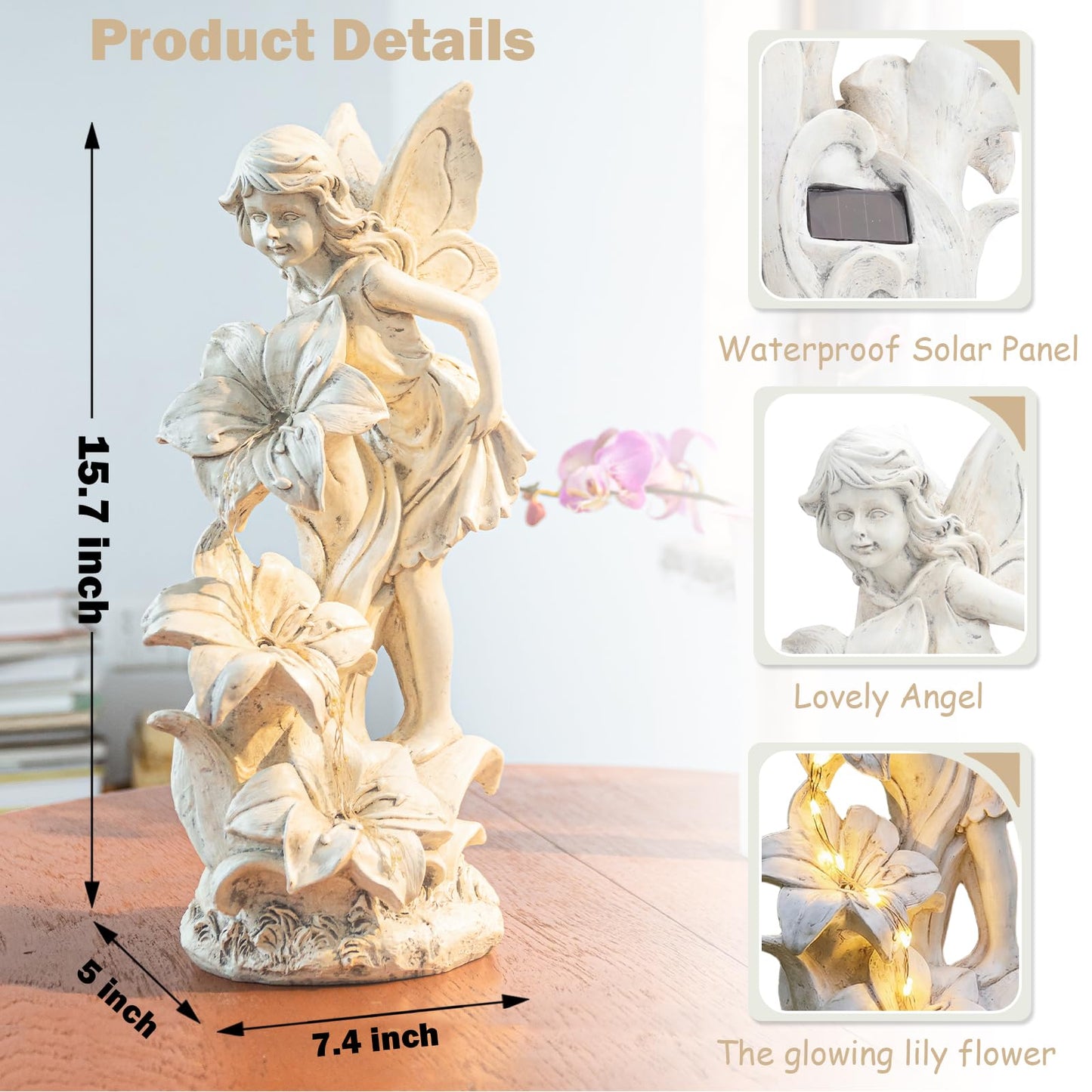 Ovewios Angel Garden Statue Outdoor, Solar Powered Resin Garden Sculptures Fairy Angel Statues Waterproof LED Lights Yard Art Decorations for Outside Patio Lawn Ornament Gardening Gifts