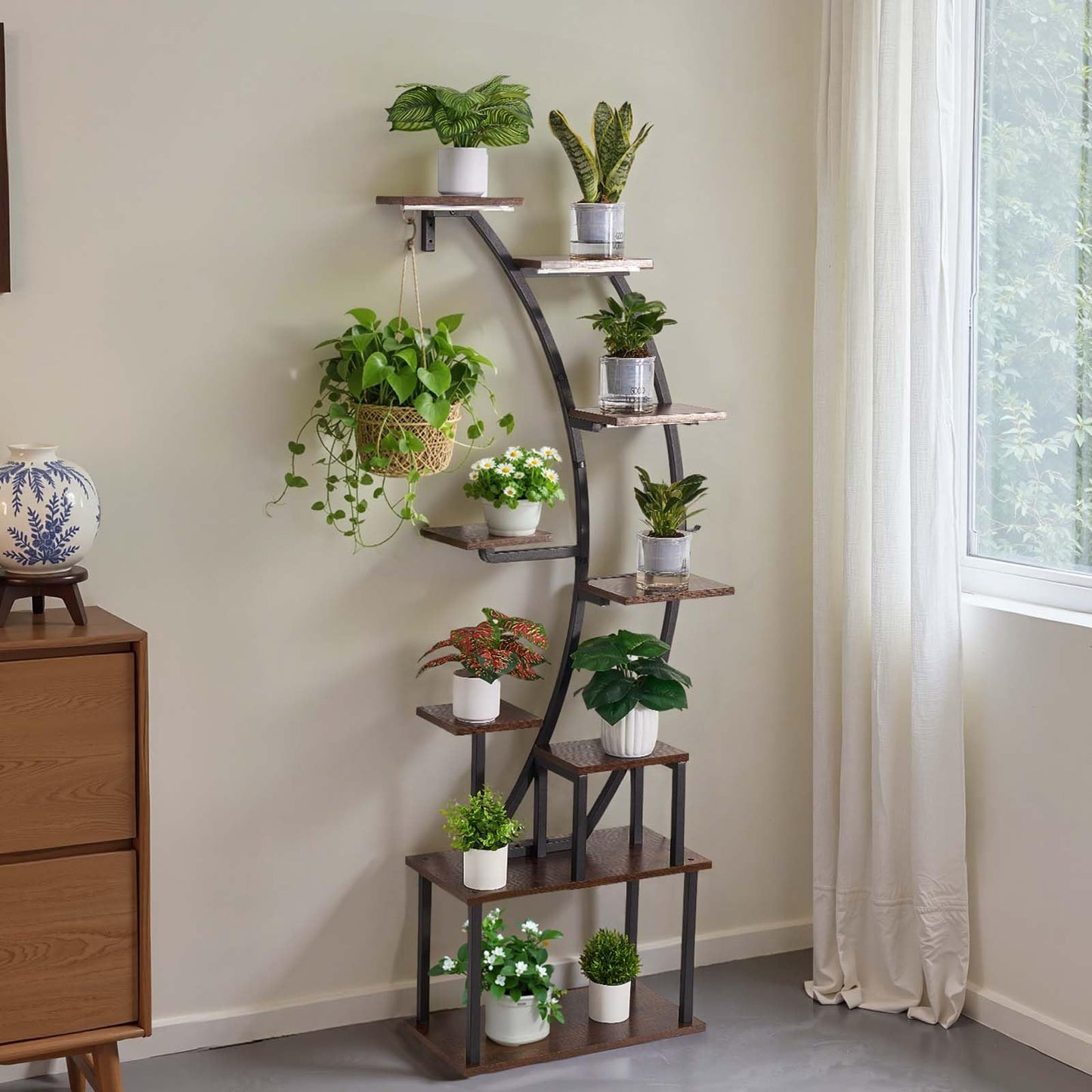 VEVOR Plant Stand Indoor with Grow Lights, 63 in Tall 9-Tier Lighted Plant Shelf, Metal Corner Plants Holder, 3 Timer & 10 Brightness, Curve-Shaped Flower Display Rack for Living Room Balcony Decor