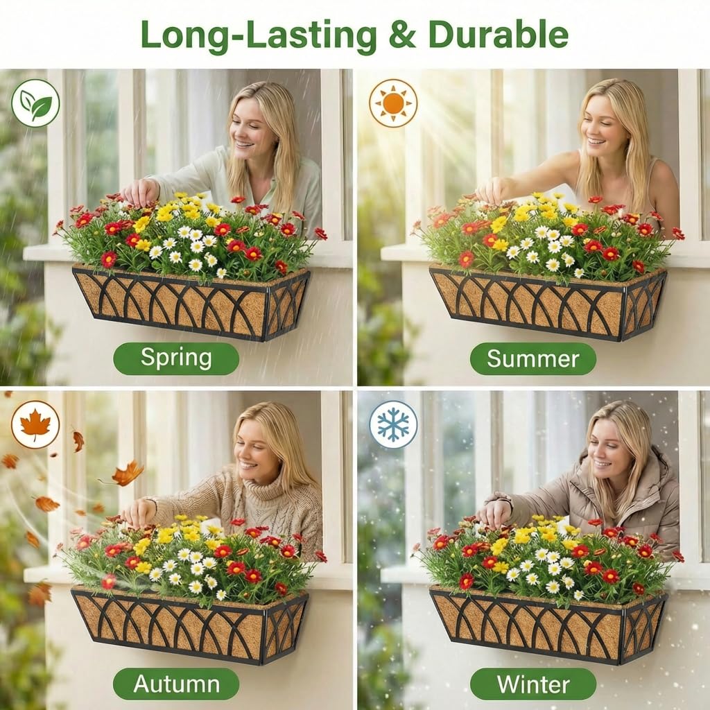 Y&M 4pcs 24 Inch Planter, Metal Window Boxes with Coco Liner, Indoor Outdoor Hanging Flower Planter for Garden, Lawn, Balcony, Porch, Fence, Patio Rail