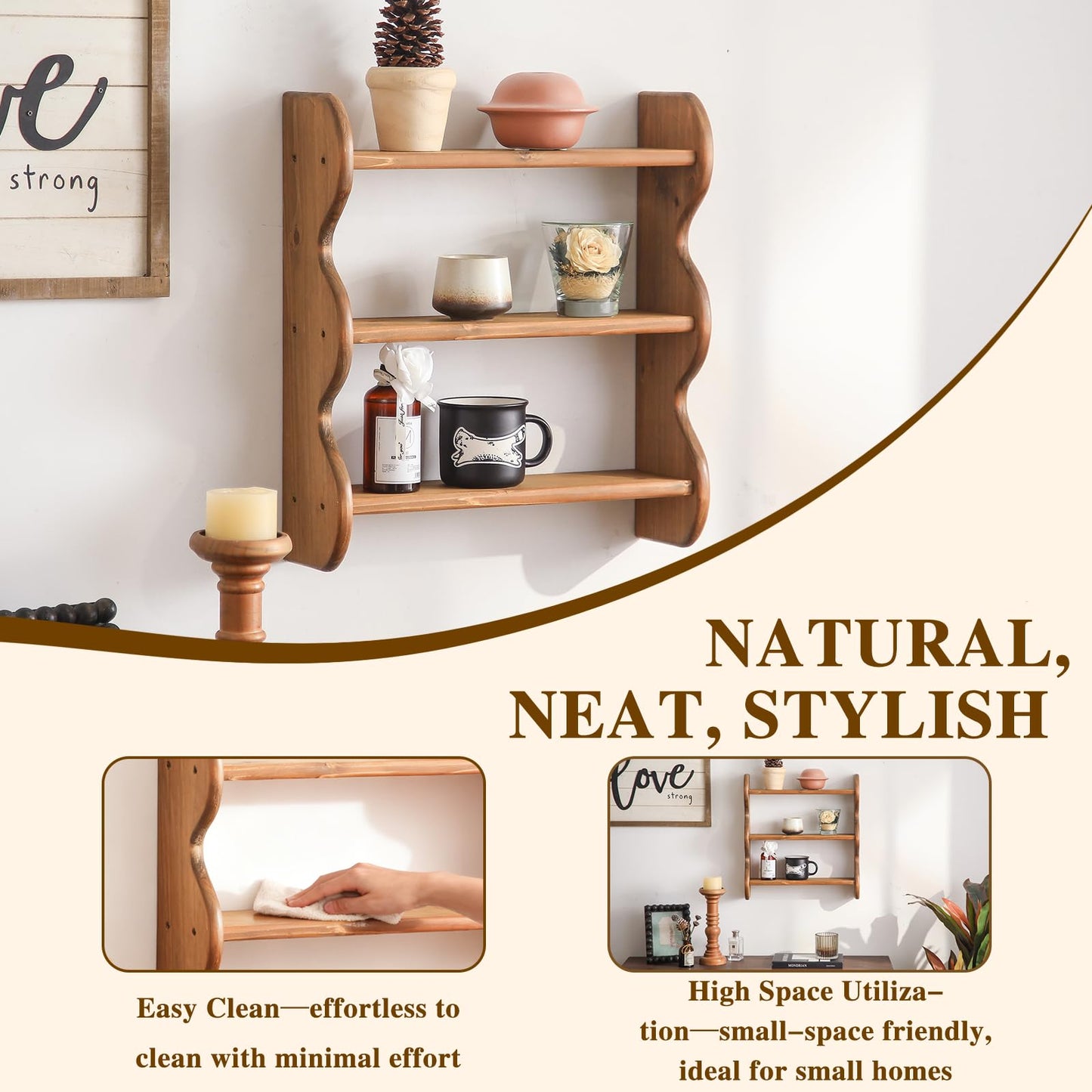 HuiDao 100% Solid Wood Wall Shelf 3-Tier, Rustic Floating Shelves Wall Mounted Storage Rack, Farmhouse Decor Hanging Shelf Display Shelves for Apartment, Living Room and Bedroom