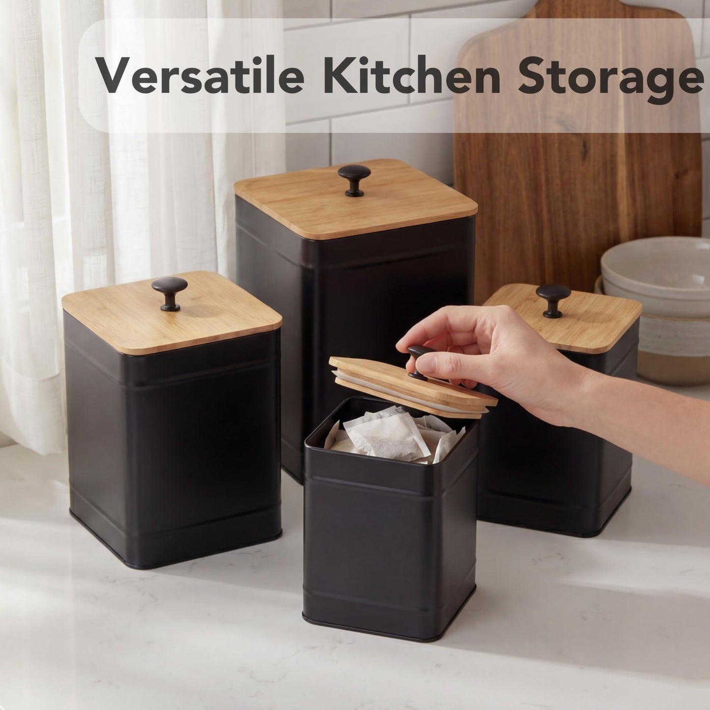 PERFNIQUE Kitchen Canisters, Airtight Canister Sets for Kitchen Counter, Kitchen Canisters for Countertop Set of 4, Coffee Tea Sugar Flour Spice Tin Jars Food Storage Container with Lid(Black)