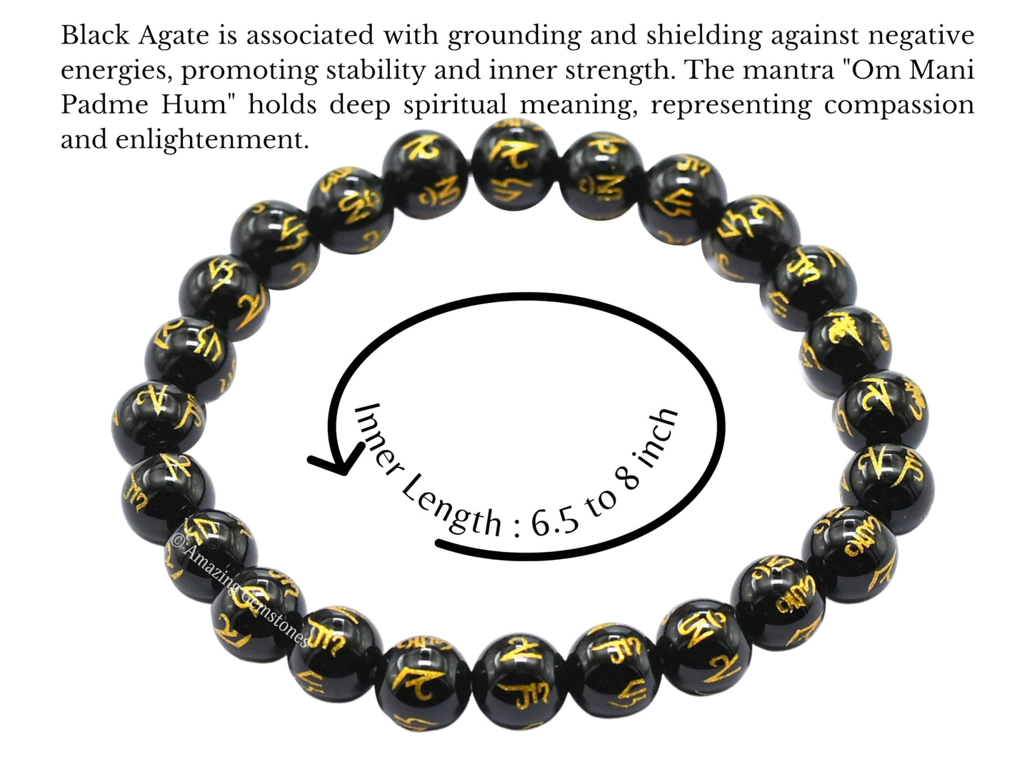 Amazing Gemstone Crystal Bracelet for Women Men's Gifts - Protection Healing Crystal Bracelet - 8mm Gemstone Beaded Stretchable Bracelet Pulseras Para Hombres Mujer Stocking Stuffers Mothers Day Gift (Black Agate (Om Mani Padme Hum))