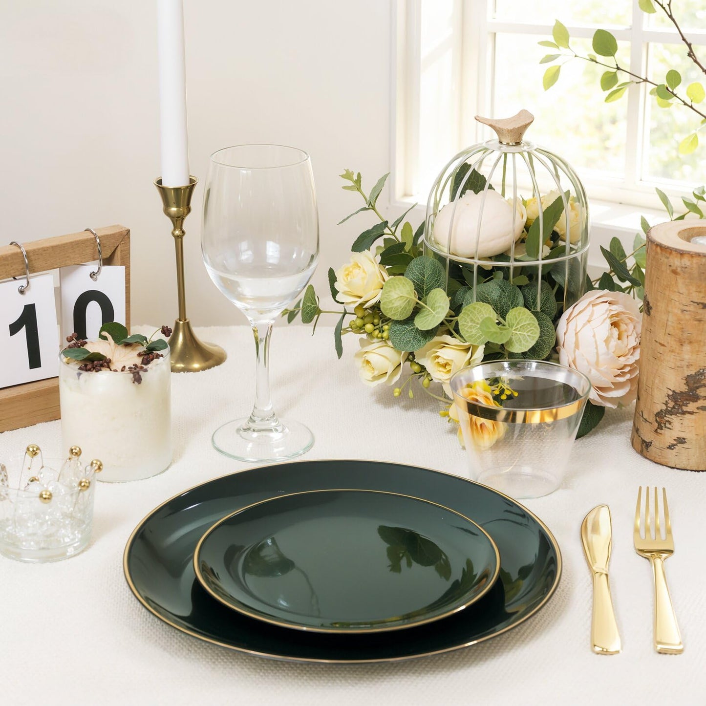 WDF 300Pcs Green Plates Disposable - Heavy Duty Green Plates - 50Guest Green Plastic Dinnerware Include 50 Dinner Plate, 50 Dessert Plate, 150 Cutlery & 50 9oz Cups for Parties/Wedding/Party