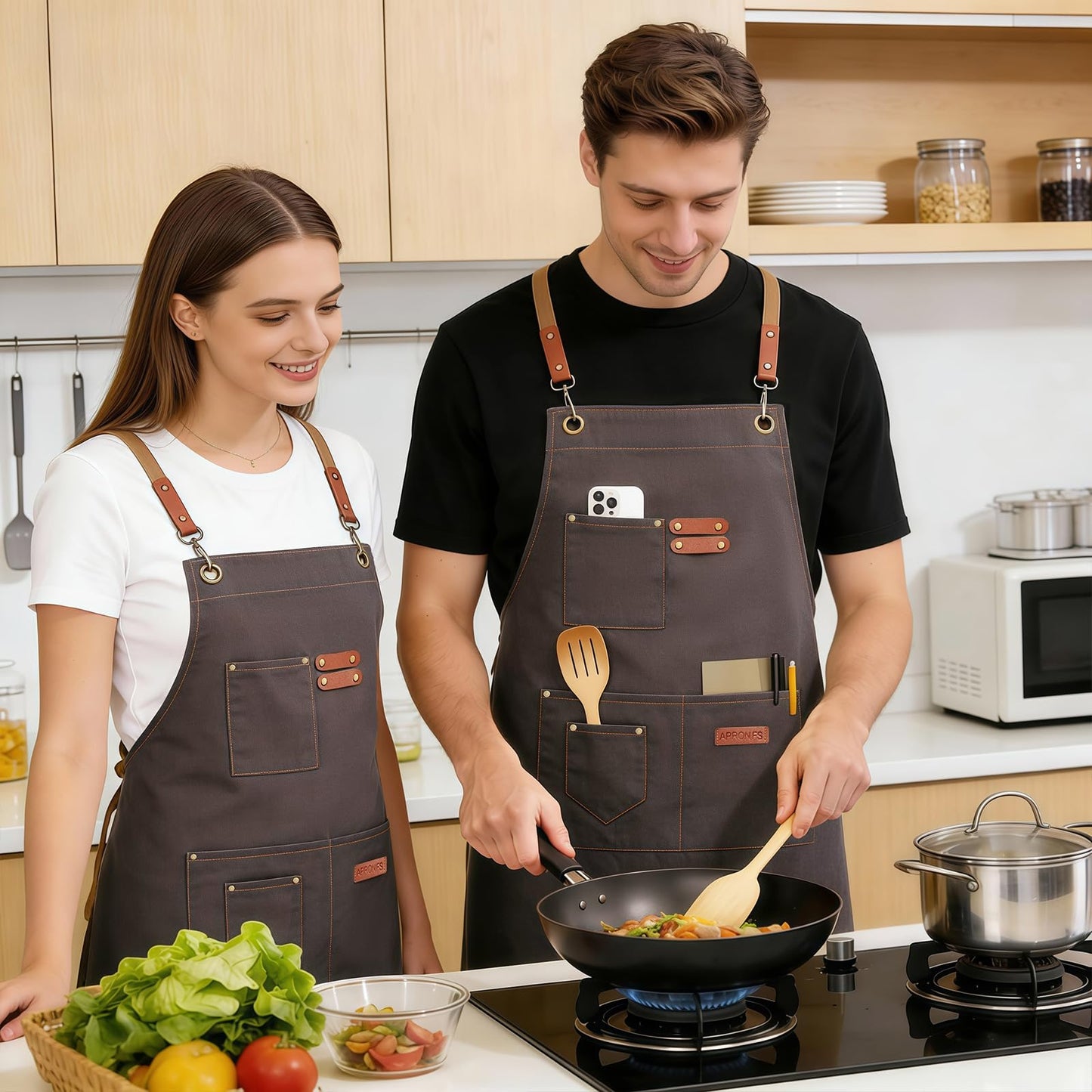 KACHUAN BEAR Chef Aprons for Men Women with 4 Large Pockets, Cotton Canvas Cross Back Adjustable Apron for Work grilling kitchen gardening (grey)