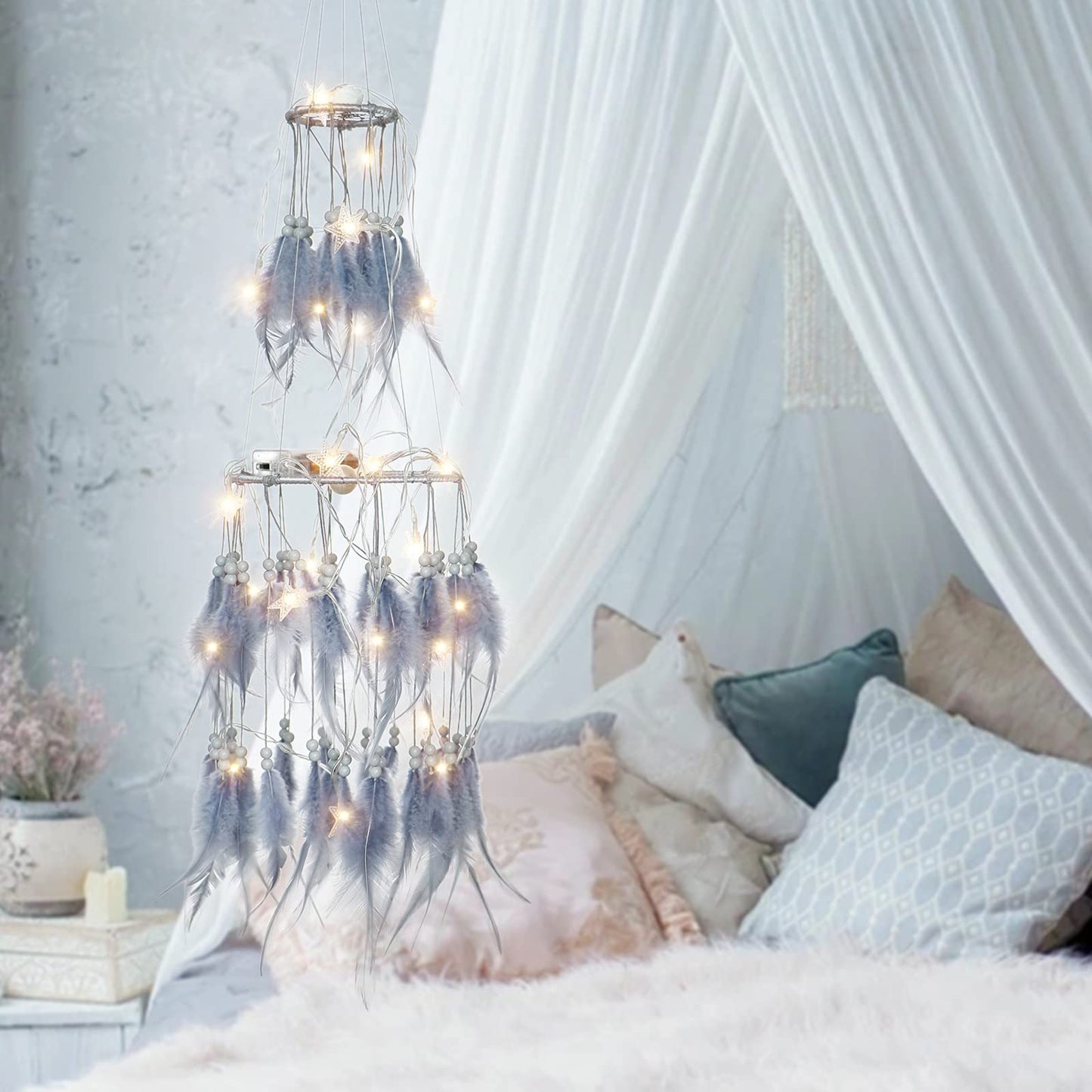 Dremisland Double Circle White Feather Dream Catcher with Mobile LED Fairy Lights Wall Hanging Ornaments Ceiling Decor for Bedroom Decor Wedding Decorations Boho Chic Party Nursery Decor (Grey)