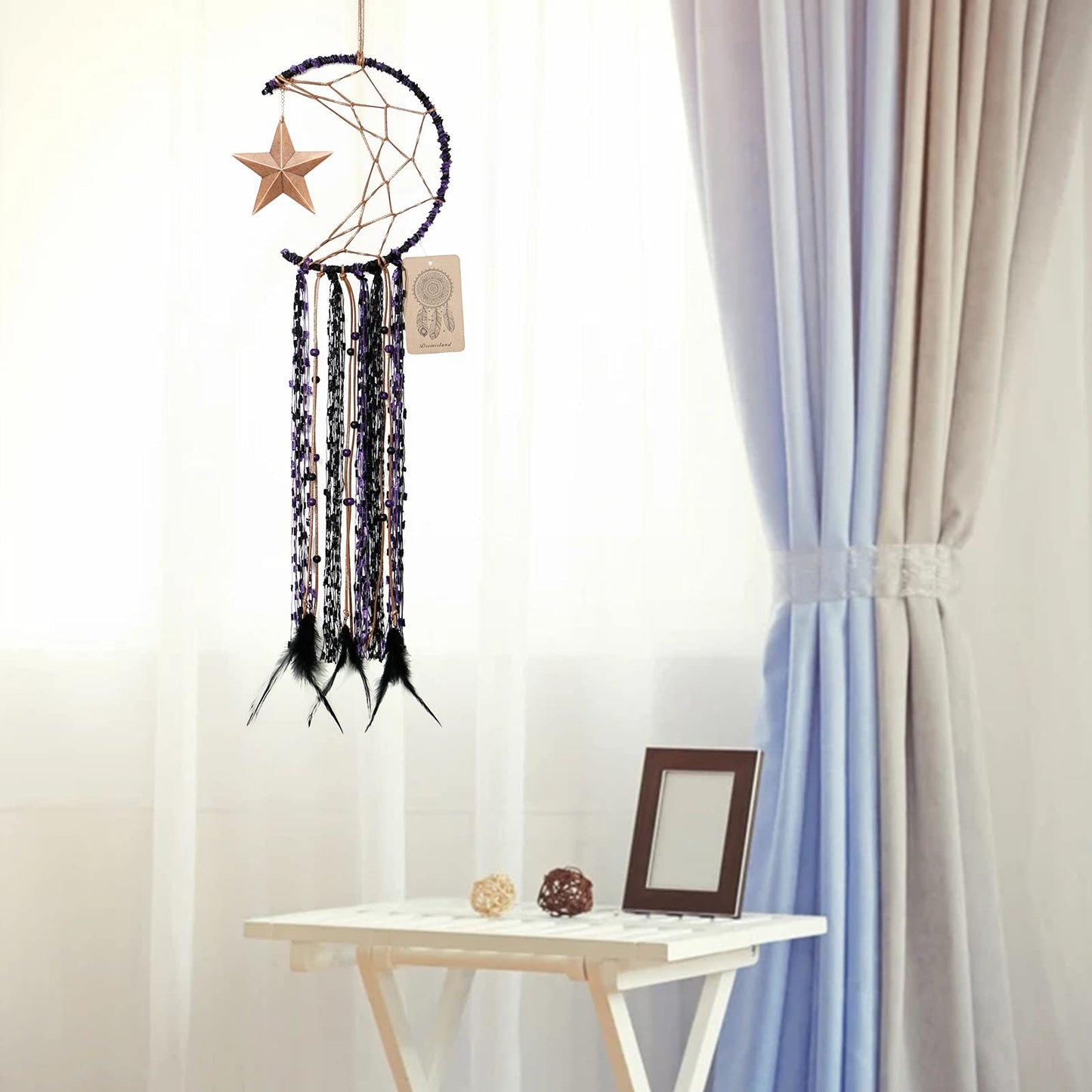 Dremisland Moon Dream Catcher Handmade Half Circle Moon Design Dream Catcher Feather Hanging with Star Home Decoration Ornament Festival Gift (Purple)