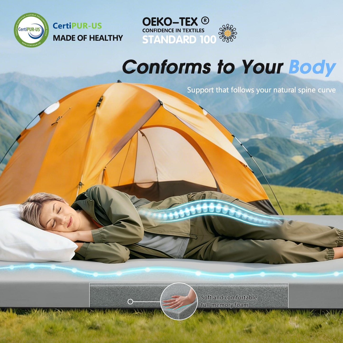 CYMULA Memory Foam Camping Mattress Pad,3 in Sleeping Pad for Camping,Non-Slip Bottom Floor Bed Floor Mattress for Adults,Portable Roll up Mattress Sleeping Mat for Car Travel,Guest Bed (Cot 72 * 24)