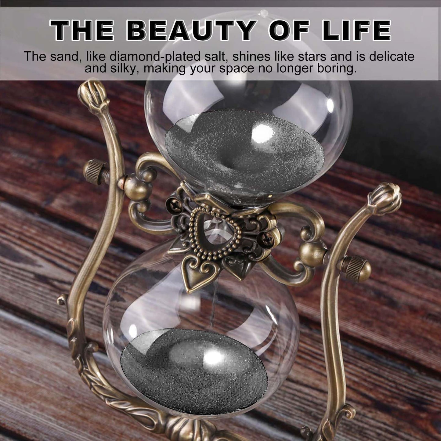 Vintage Engraving 30 Minute Hourglass, Rotating Sand Timer Clock, Unique Metal Sand Watch 30 Min, Antique Brass Hour Glass Sandglass for Home, Desk, Office(Black)