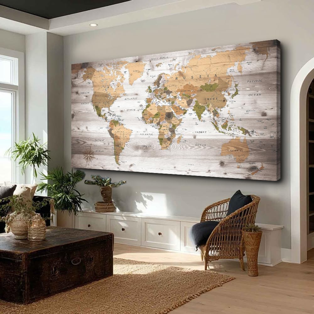 Large Wall Art grey map of The World Painting Ready to Hang 29"x58"Large Framed Wall Art World Map Canvas Map Decorations Artwork Prints