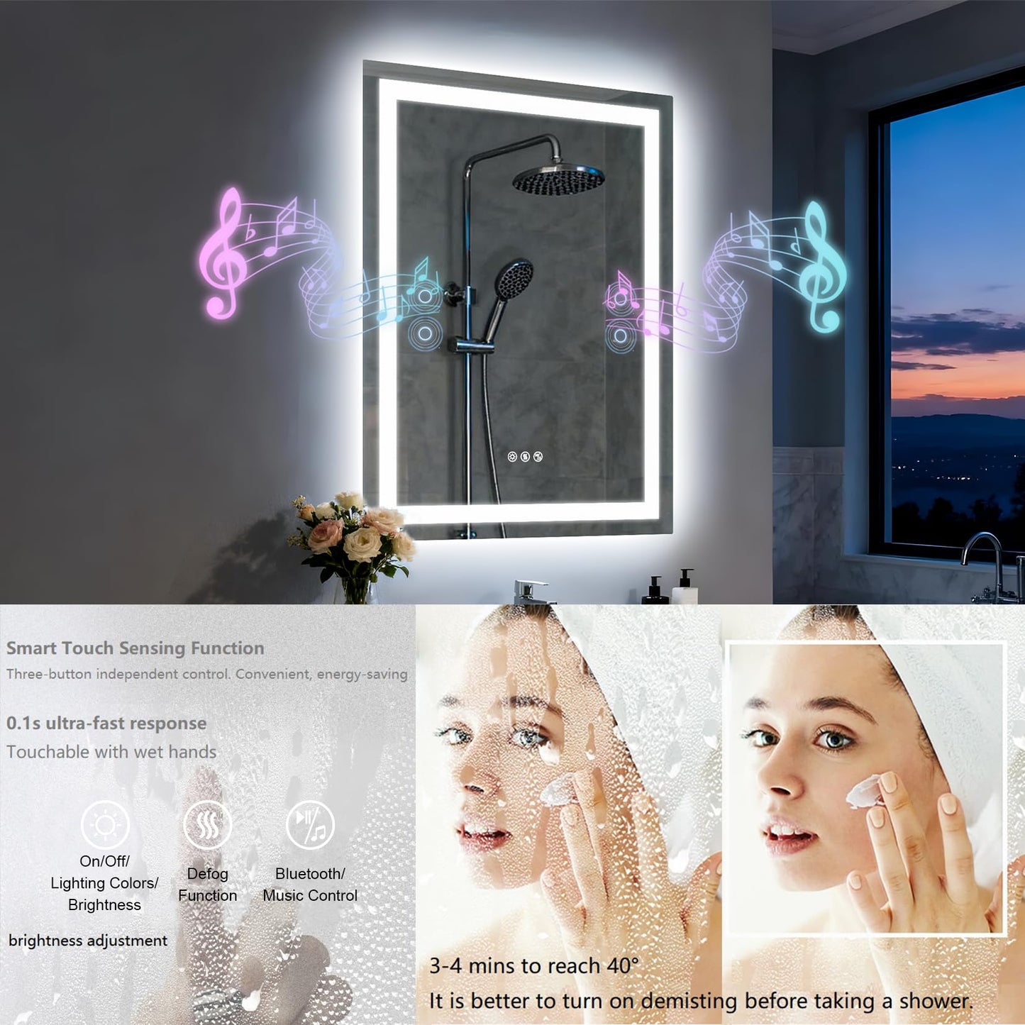 Olyvren 20"x28" LED Bathroom Mirror with Lights,Bluetooth Dual Speaker,Anti-Fog,3 Color Temperature,Dimmable Brightness,Memory Function,Waterproof,Wall Mount Design,Tempered Glass
