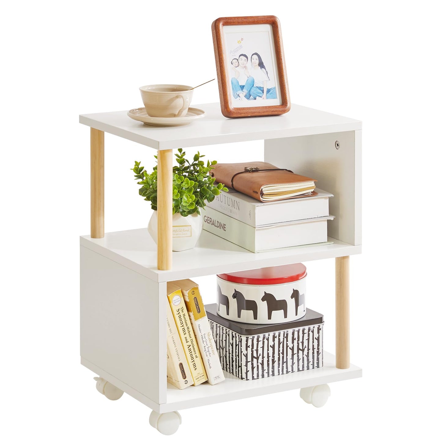 Aibiju Wooden Night Stand with Open Shelf, Nightstand with Wheels, S-Shaped Bed Side Table 3 Tier, 20 inch High End Table White YD-TM155W