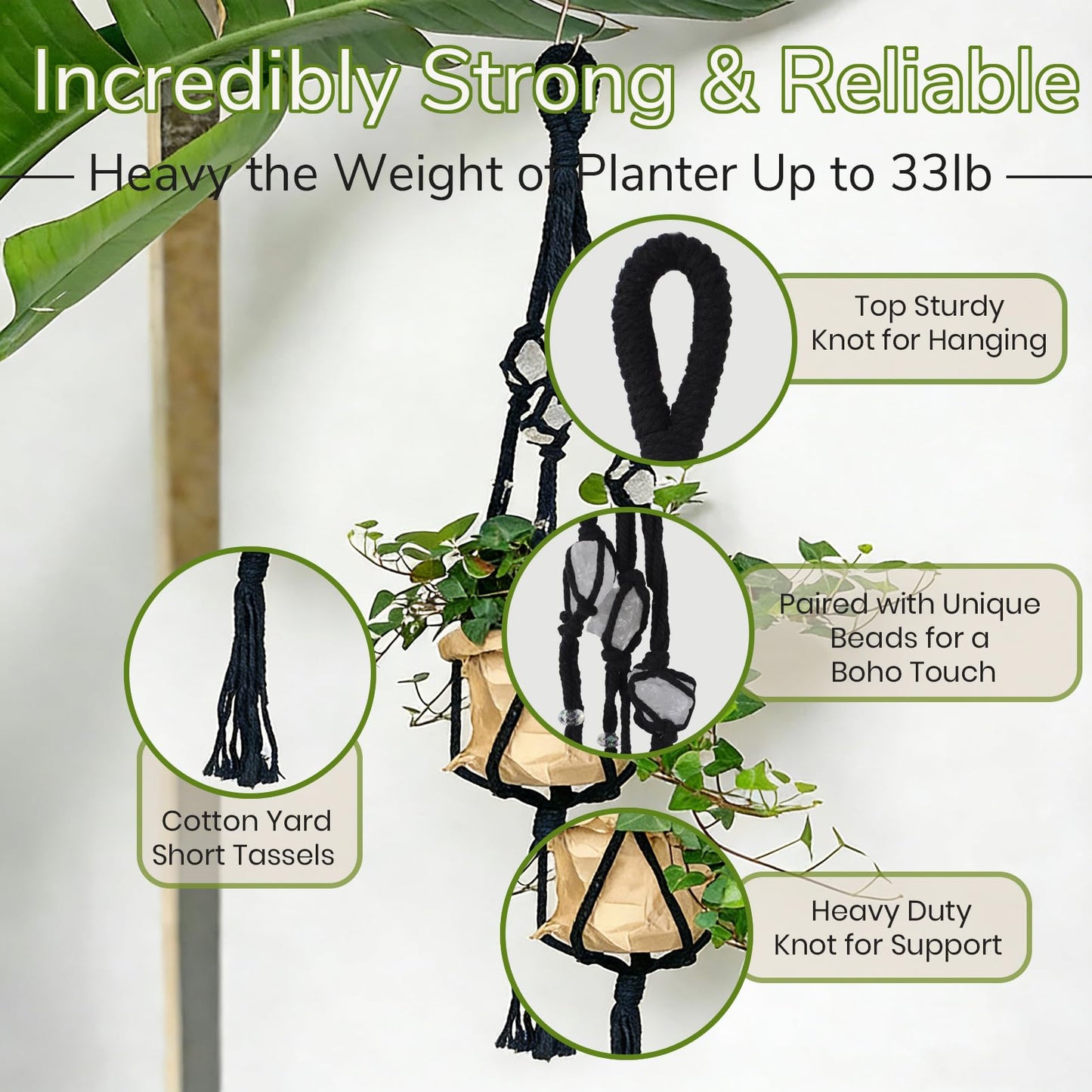 Nomylunota Macrame Plant Hanger with Boho Beads Handmade Hanging Planter Crochet Plant Holder(35.4 inches,Green & Brown & Black)