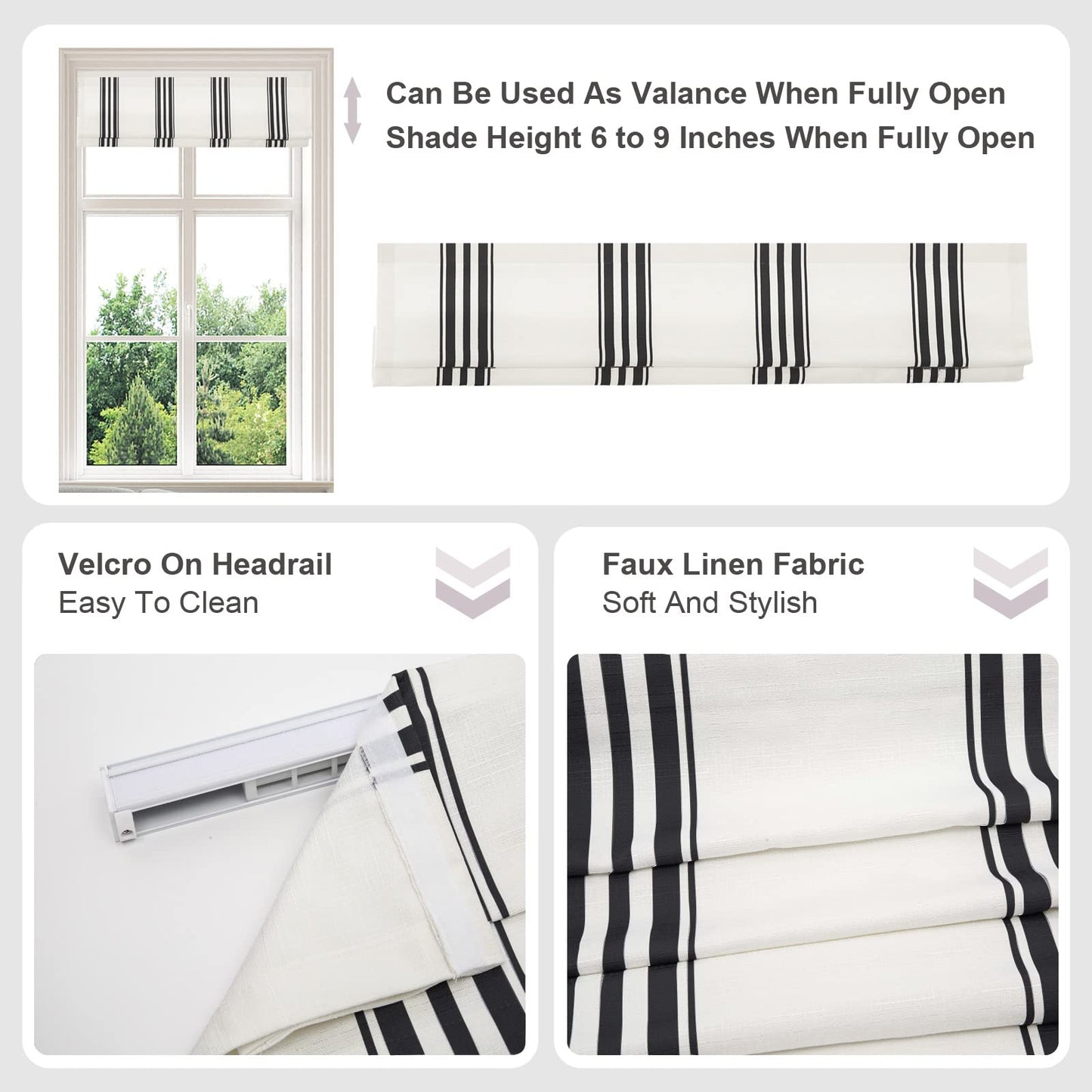 Cordless Roman Shades, Black Stripe Premium Blackout Roman Window Shades, Custom Washable Fabric Roman Shades for Windows, Doors, French Doors, Kitchen Windows (1 Piece)