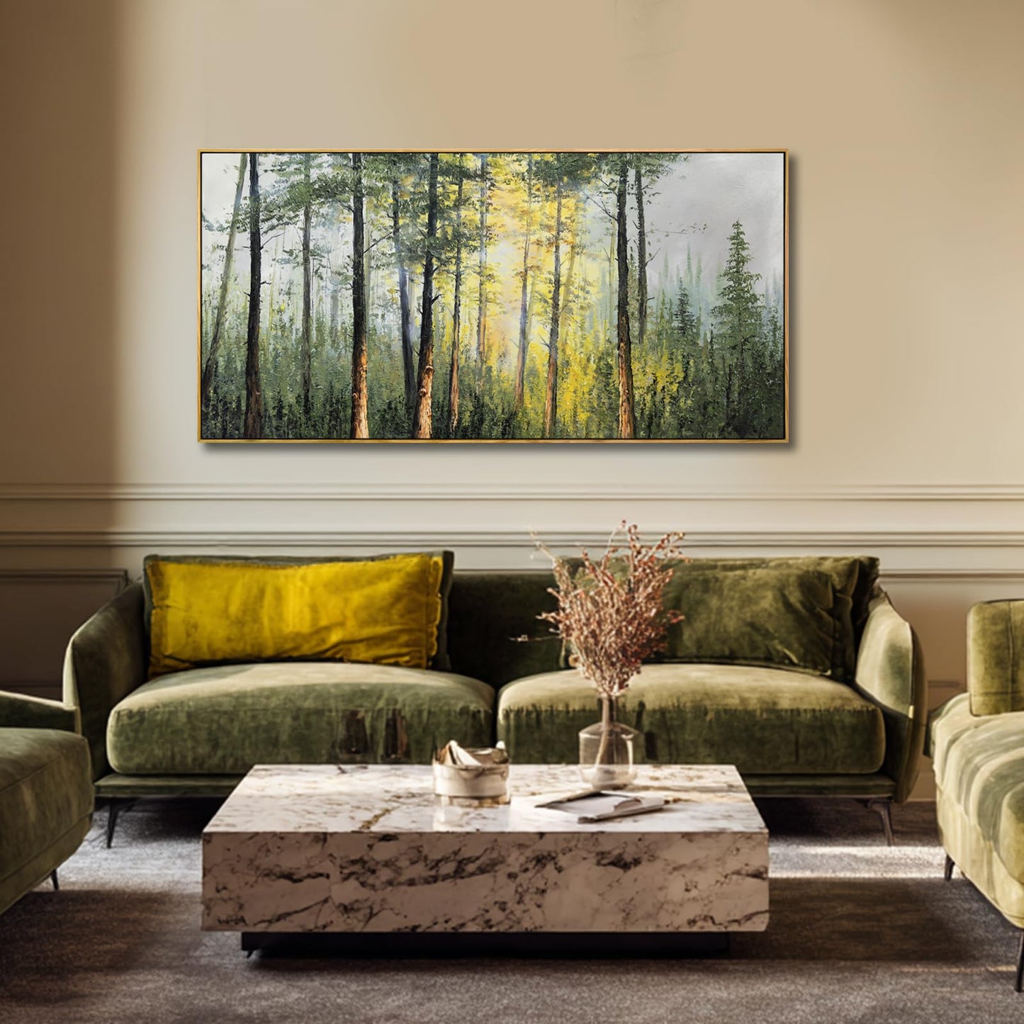 Landscape Framed Canvas Wall Art,Green Nature forest Artwork Prints,Tree Sunrise Scenery Wall Decor for Living Room Bedroom Office 24"x48"