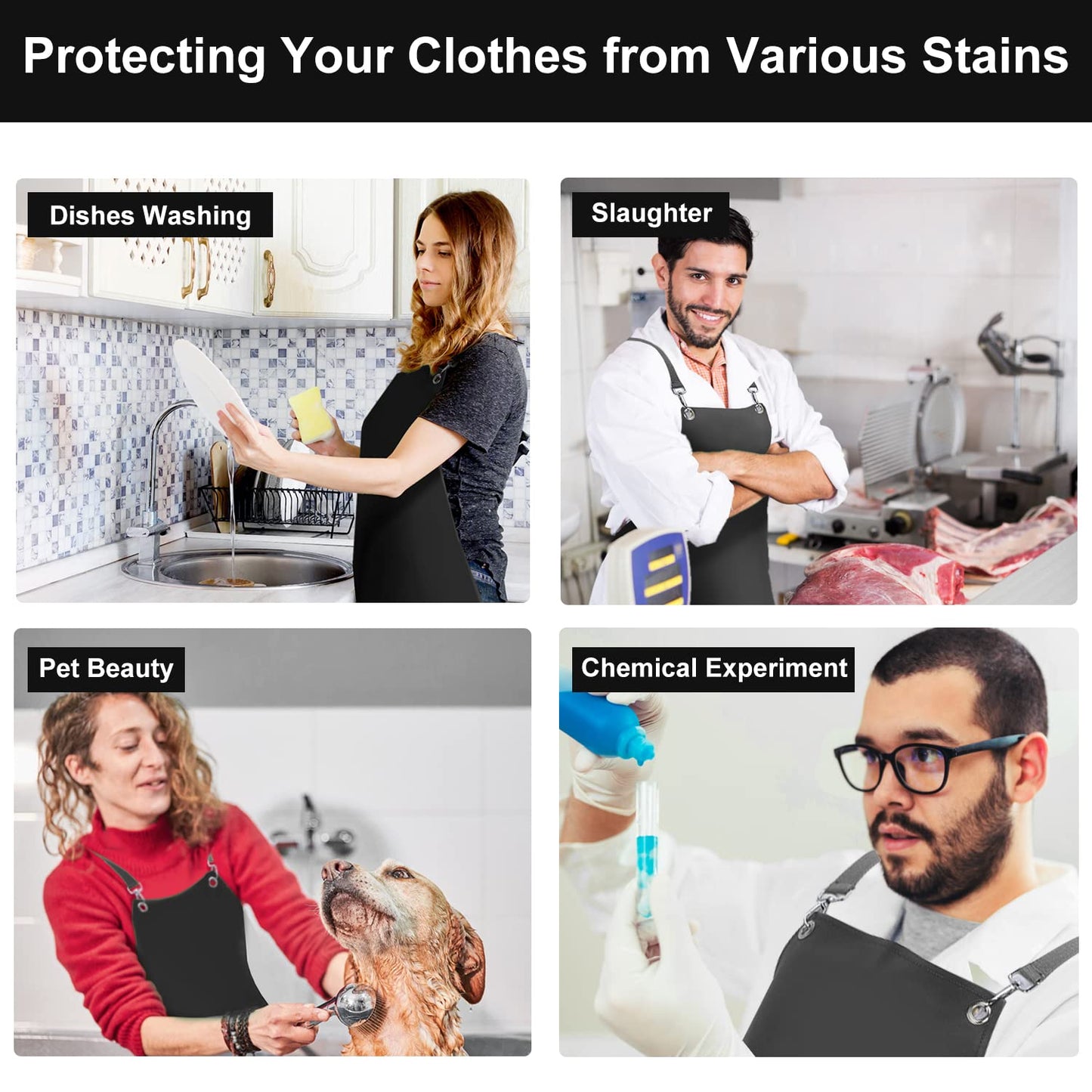 SHEOMERN Waterproof Rubber Apron, 43" Anti-Tear Heavy Duty Vinyl Adjustable Thicker Cross Back Dishwasher Apron for Restaurant Dishwashing, Butcher, Lab Work, Dog Grooming Black