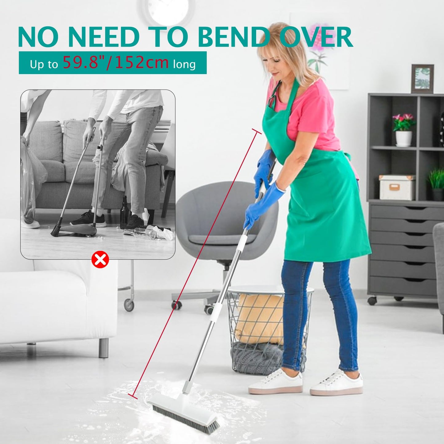 XXFLOWER Floor Brush, 2-in-1 Scraping Brush,with 59.8" Long-Handled Adjustable Floor Brush, Suitable for Cleaning Kitchen, Bedroom, Shower Room, Floor, Tile Patios, Outdoor Patio, Terrace (White)