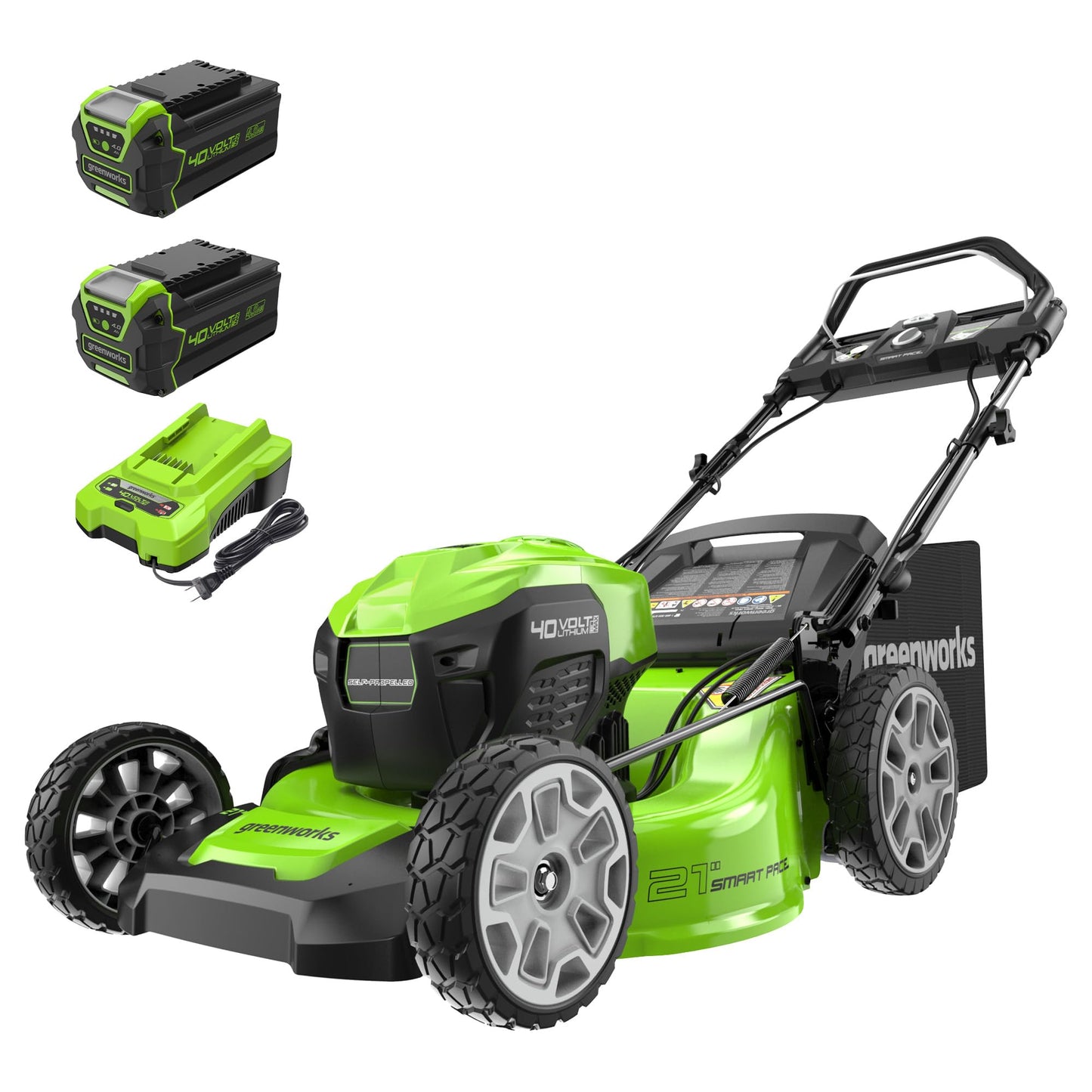 Greenworks 40V 21" Brushless Cordless (Smart Pace / Self-Propelled) Lawn Mower (75+ Compatible Tools), (2) 4.0Ah Batteries and Charger Included