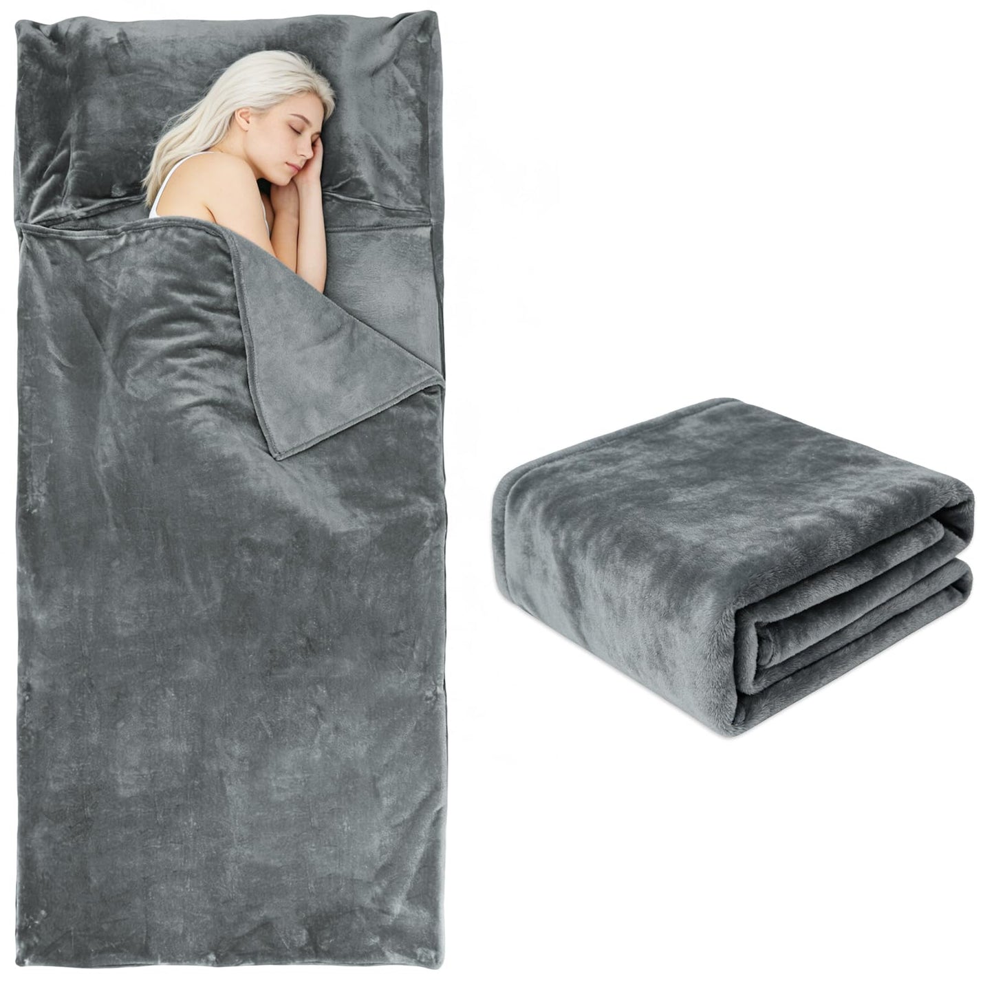 Tuphen Flannel Sleeping Bag Liner, XXL Fluffy Adult Sleeping Sack with Hidden Zipper for Warm or Cold Weather, Thick Travel Sheets for Hotel,Camping,Backpacking,Traveling & Dirty Proof,Gray,86 x 41‘’