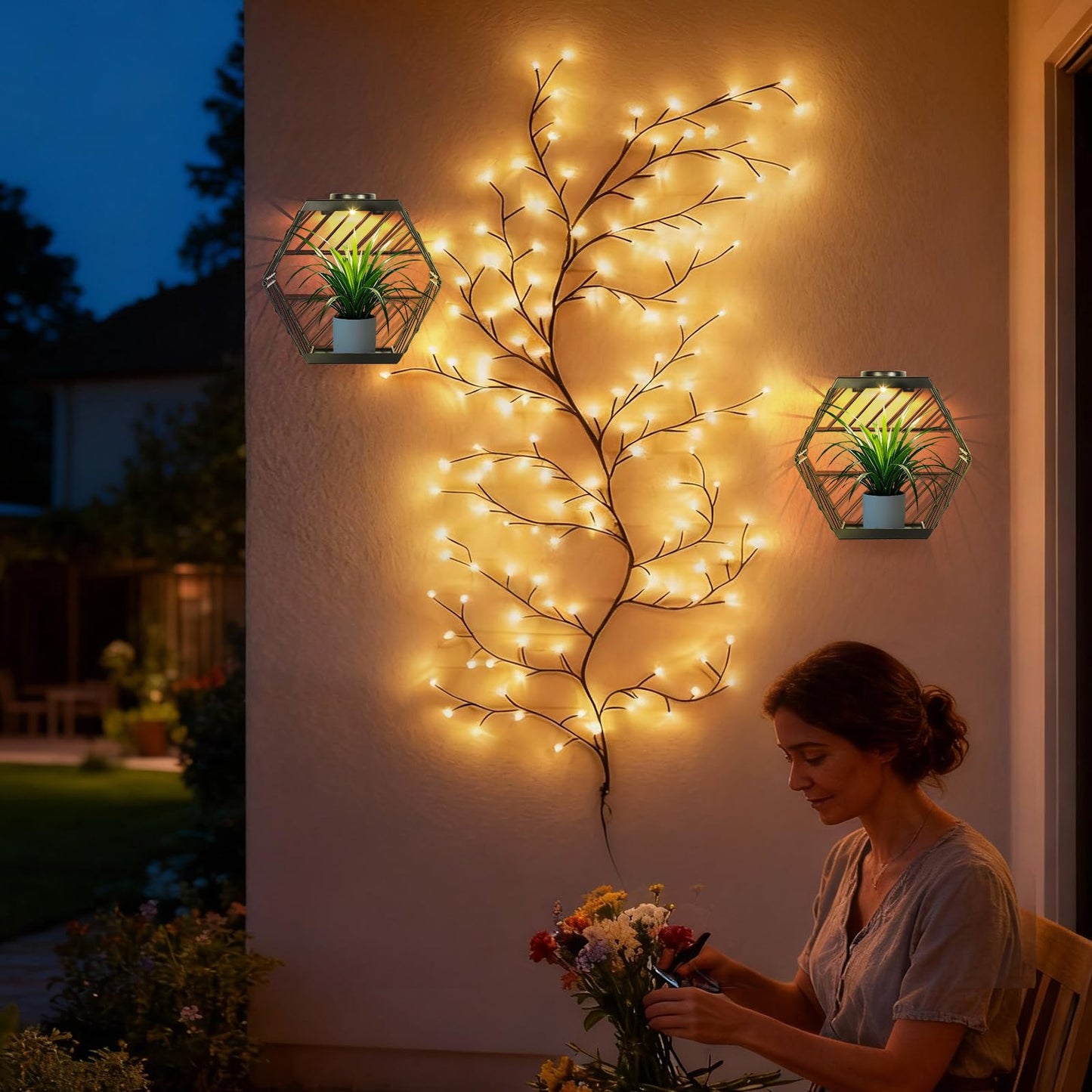 GOESWELL Wall Plant Holder with Solar Light: Outdoor Waterproof Wall Lamp Metal Plant Stand Decor for Garden Yard Porch Patio Balcony Fence
