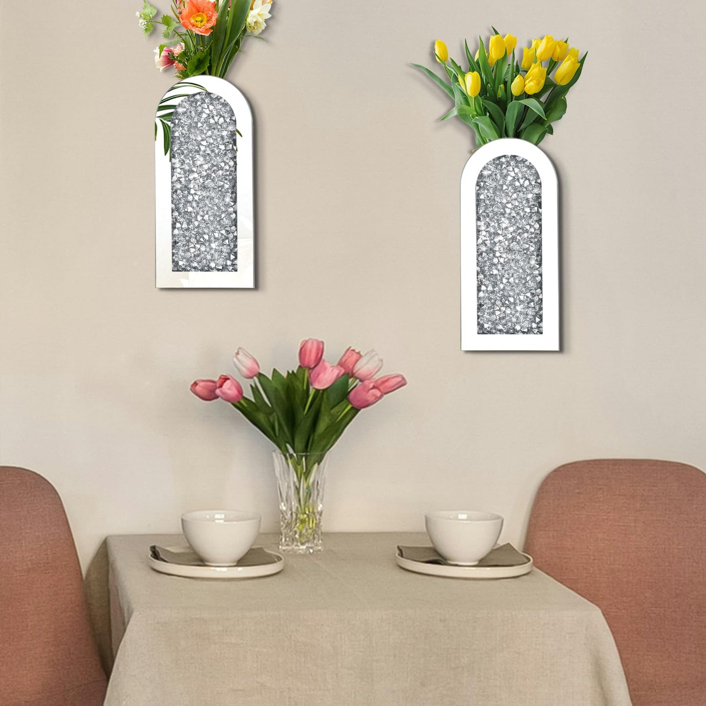 Set of 2 Crushed Diamond Wall Mirror Vases Bling Crystal Rhinestones Hanging Home Decor for Living Room Bedroom Wedding Housewarming Gift