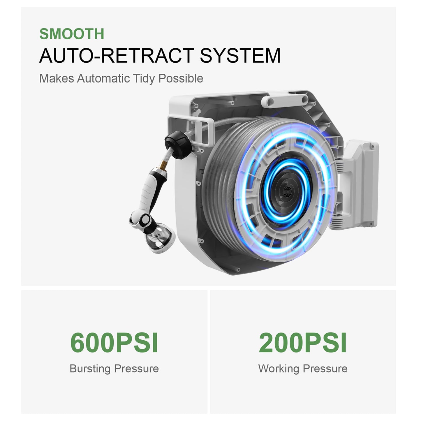 5/8" x 100 ft Heavy Duty Retractable Garden Hose Reel by HOZEREEL, Outdoor Garden Hose Reels - Self Retract Wall Mount Hose Reel Automatic Storage, Any Length Lock, 10 Pattern Nozzle