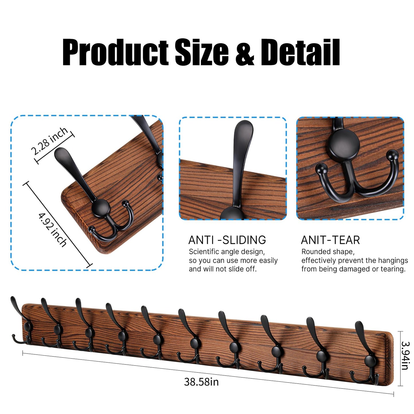Gohiuo Rustic 38.6" Large Coat Rack Wall Mount, Long Wood Coat Hooks with 10 Triple Hooks, Heavy Duty Wooden Coat Hanger Wall Mount for Entryway, Farmhouse Hanging Jackets, Coats, Hats, Bags,Towel