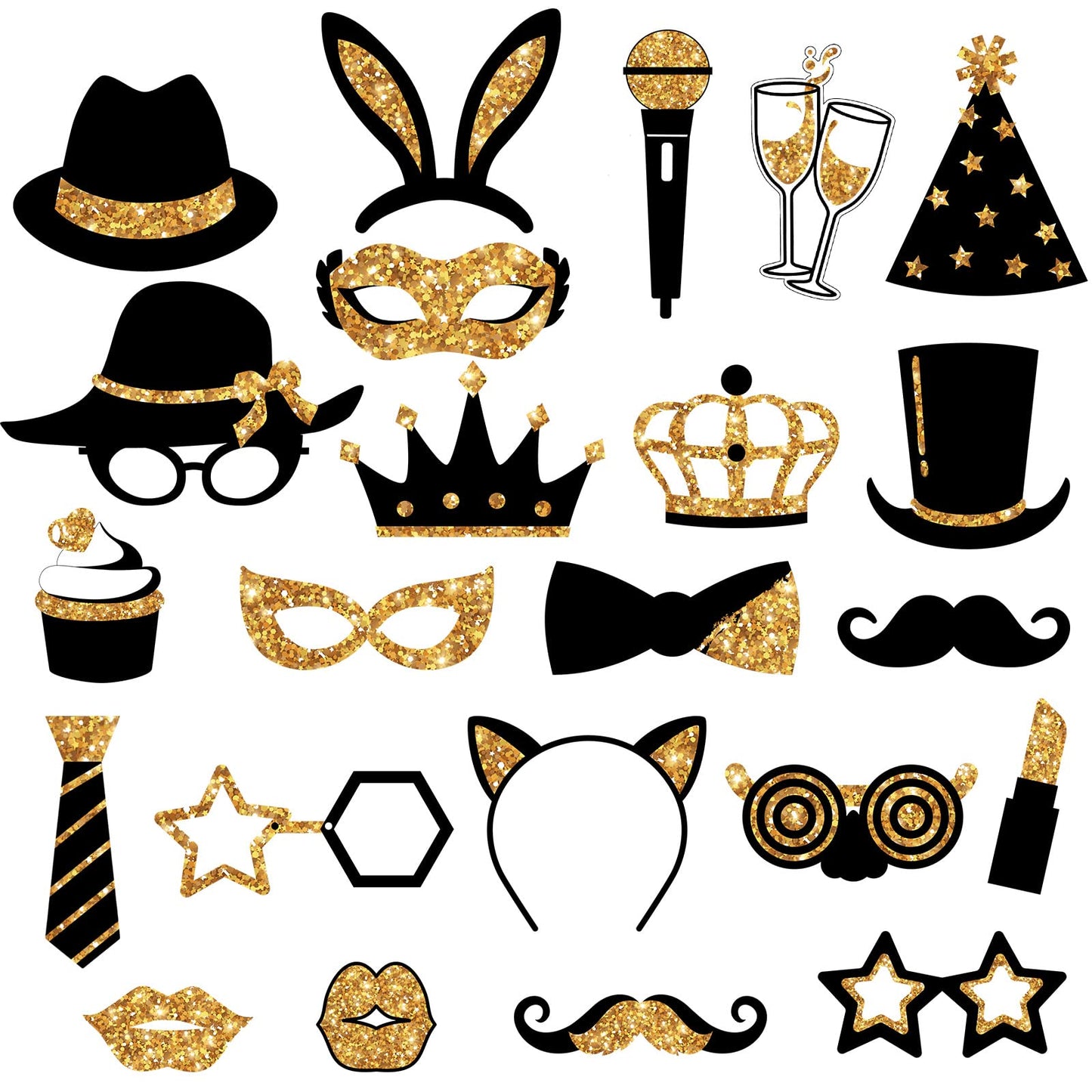 Zonon 24 Pcs Funny Photo Booth Props Class of 2026 Graduation Birthday Wedding Family Class Reunion Prom Disco Party Celebration Decoration Supplies Mix of Hats, Lipstick, Tie(Golden)