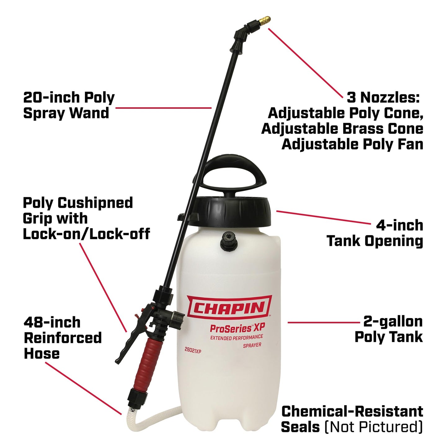 Chapin 26021XP Made in USA 2-Gallon Heavy-Duty Compression Sprayer for Professional Use, with 3 nozzles -one Brass, Pressure Relief Valve, Comfort Grip Handle, Translucent White