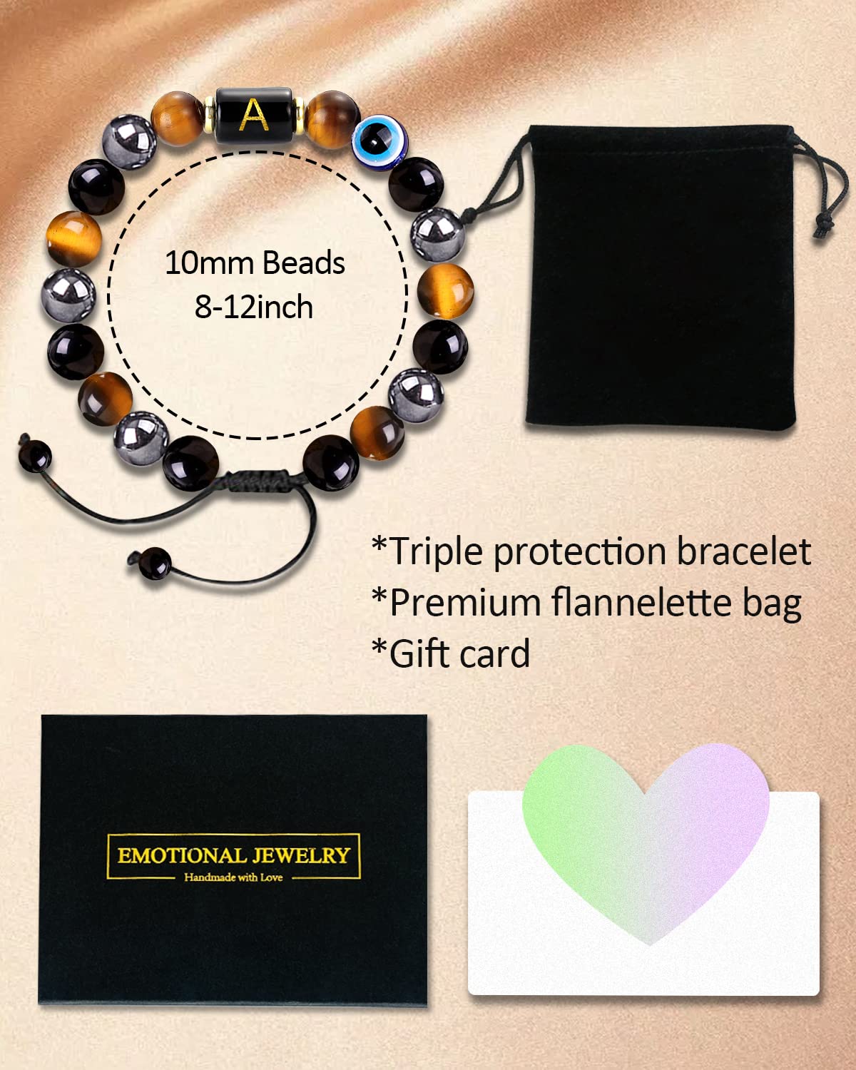 Dayka Initial Triple Protection Bracelet for Men,Black Evil Eye Tiger Eye Hematite Obsidian Good Luck Healing Crystal Stones Mens Bead Bracelet Jewelry Gift (F initial bracelet, Triple Protection)