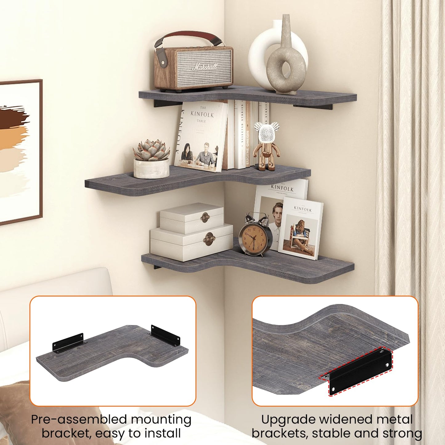 Homode Corner Shelves Wall Mounted, Set of 3 Floating Corner Shelves with Cord Hole, 3 Tier Wooden Hanging Shelves for Storage and Display, for Bathroom Kitchen Living Room, Rustic Grey
